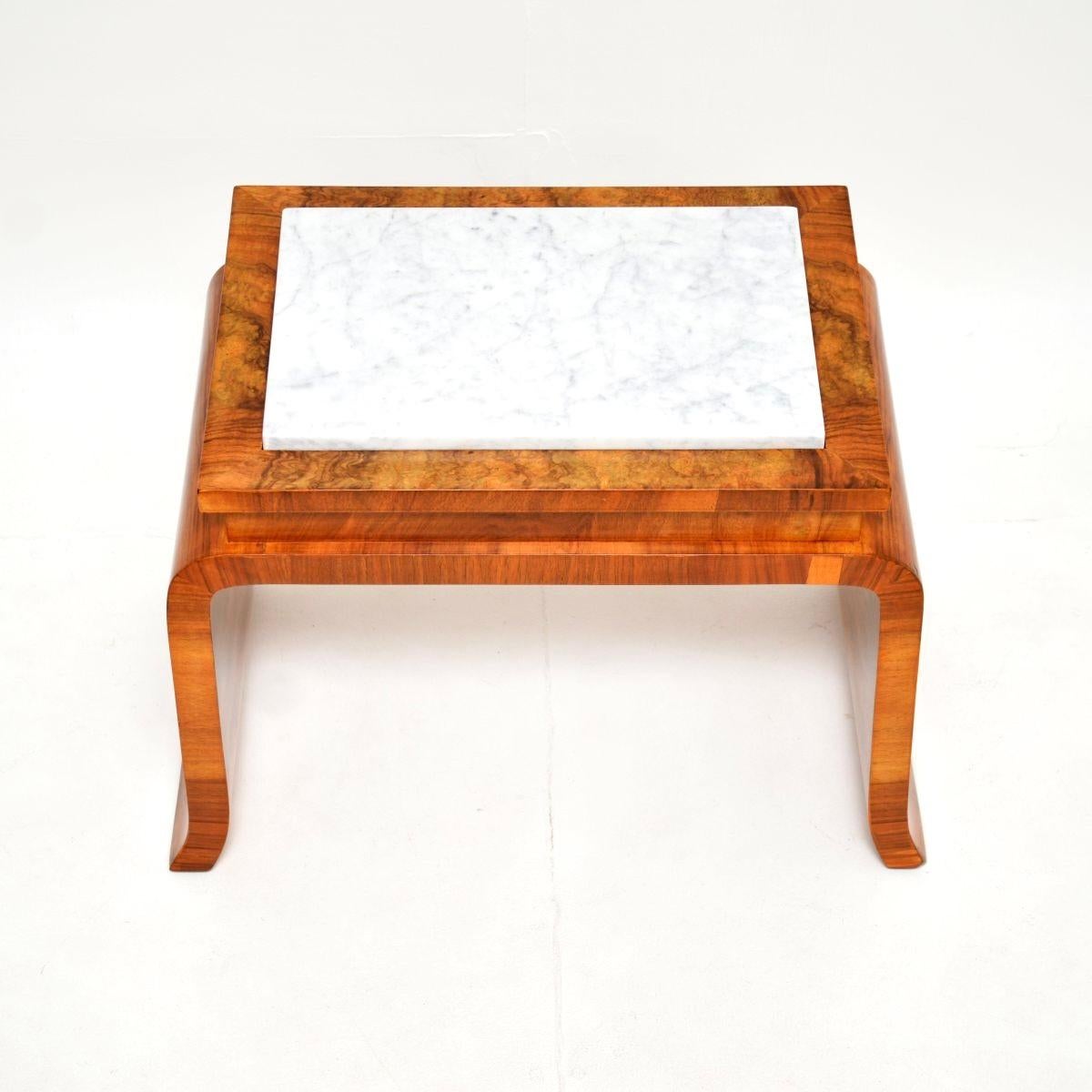 Art Deco Burr Walnut Marble Top Side Table For Sale 2