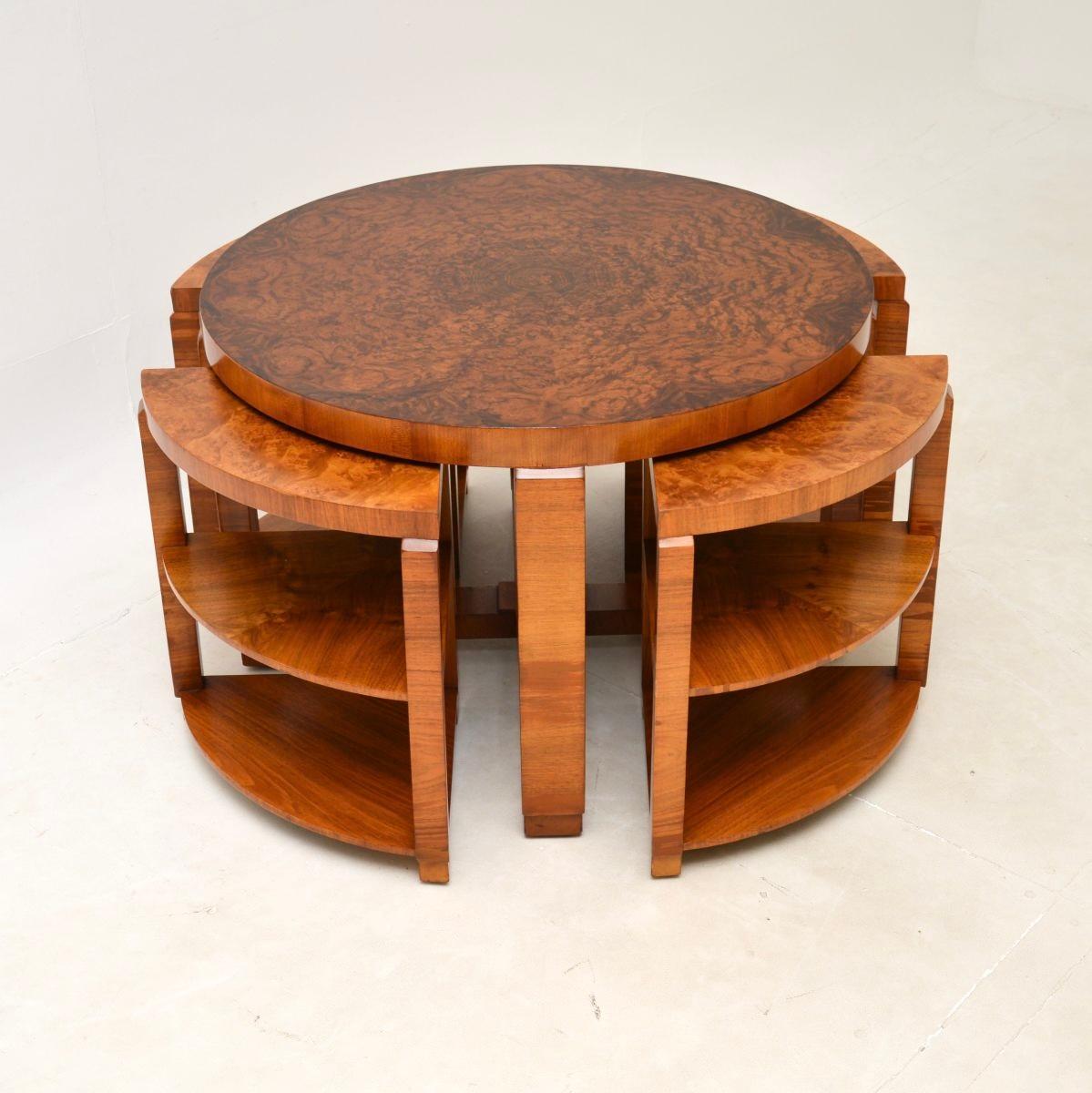 British Art Deco Burr Walnut Nesting Coffee Table For Sale