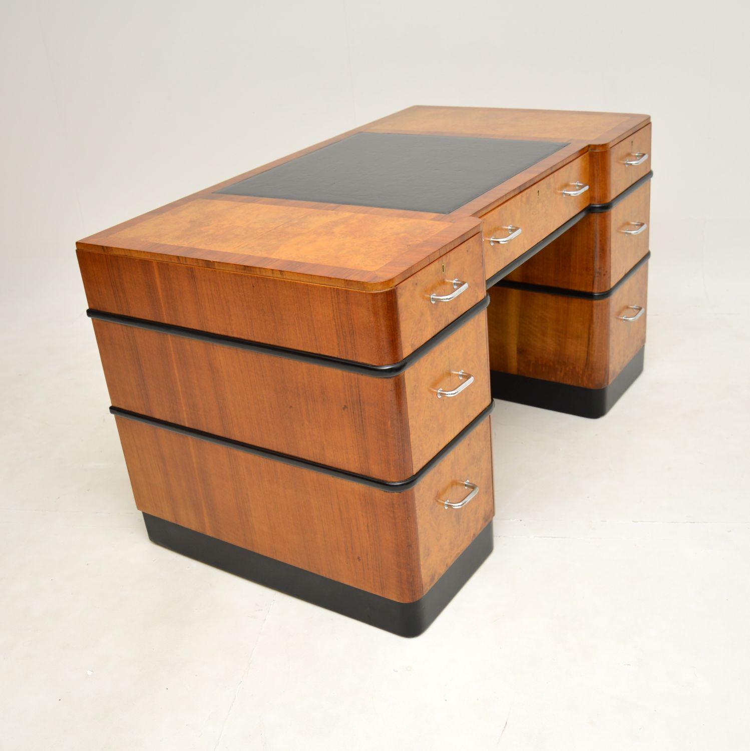 British Art Deco Burr Walnut Pedestal Desk For Sale