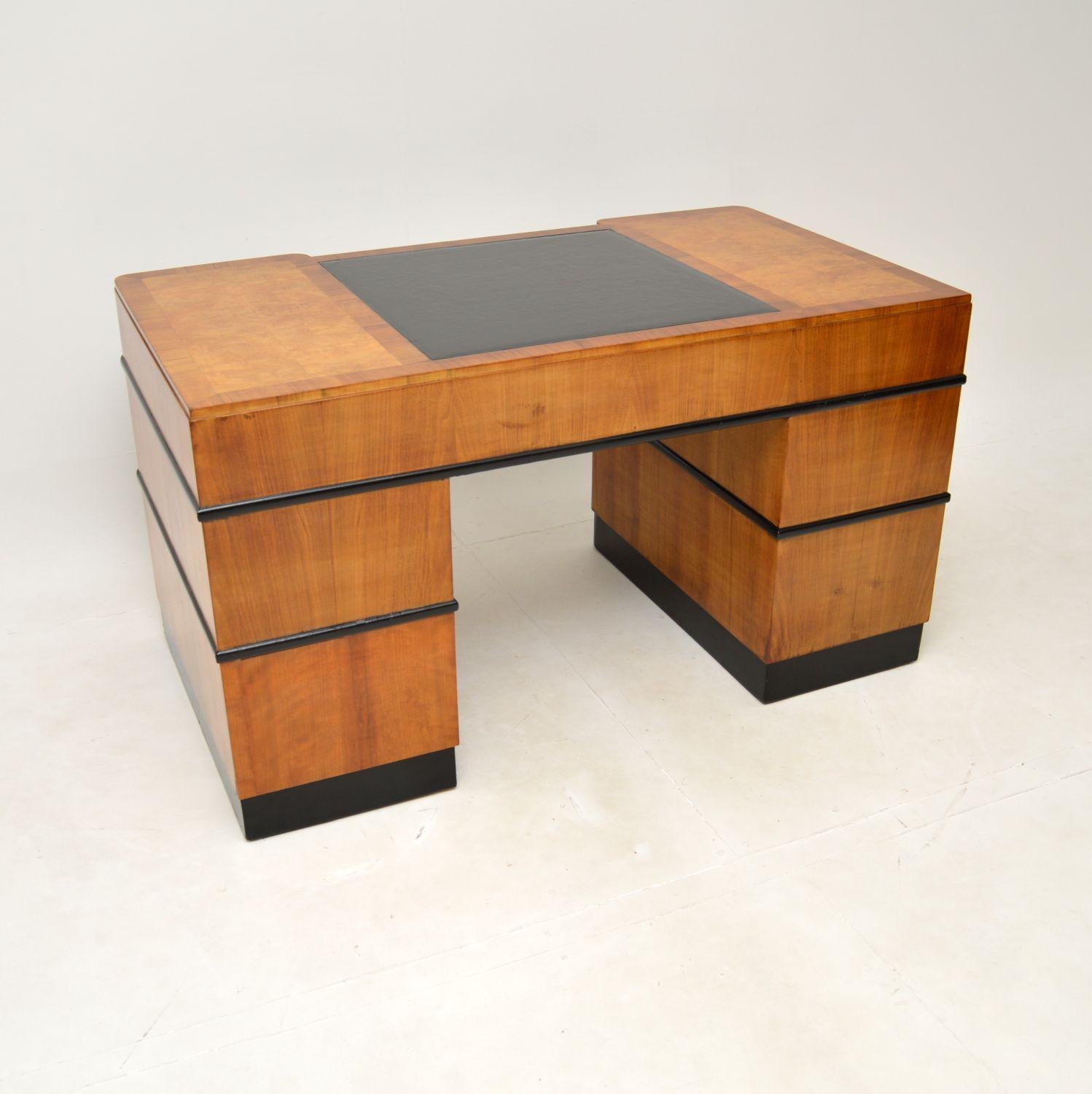Early 20th Century Art Deco Burr Walnut Pedestal Desk For Sale