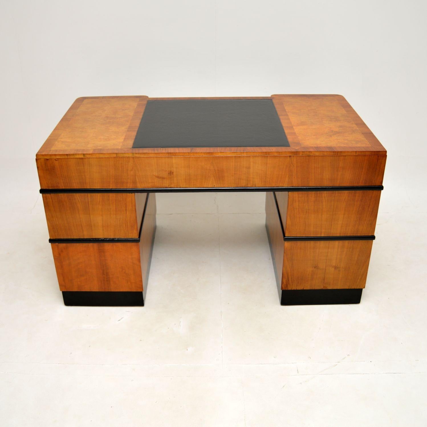 Leather Art Deco Burr Walnut Pedestal Desk For Sale