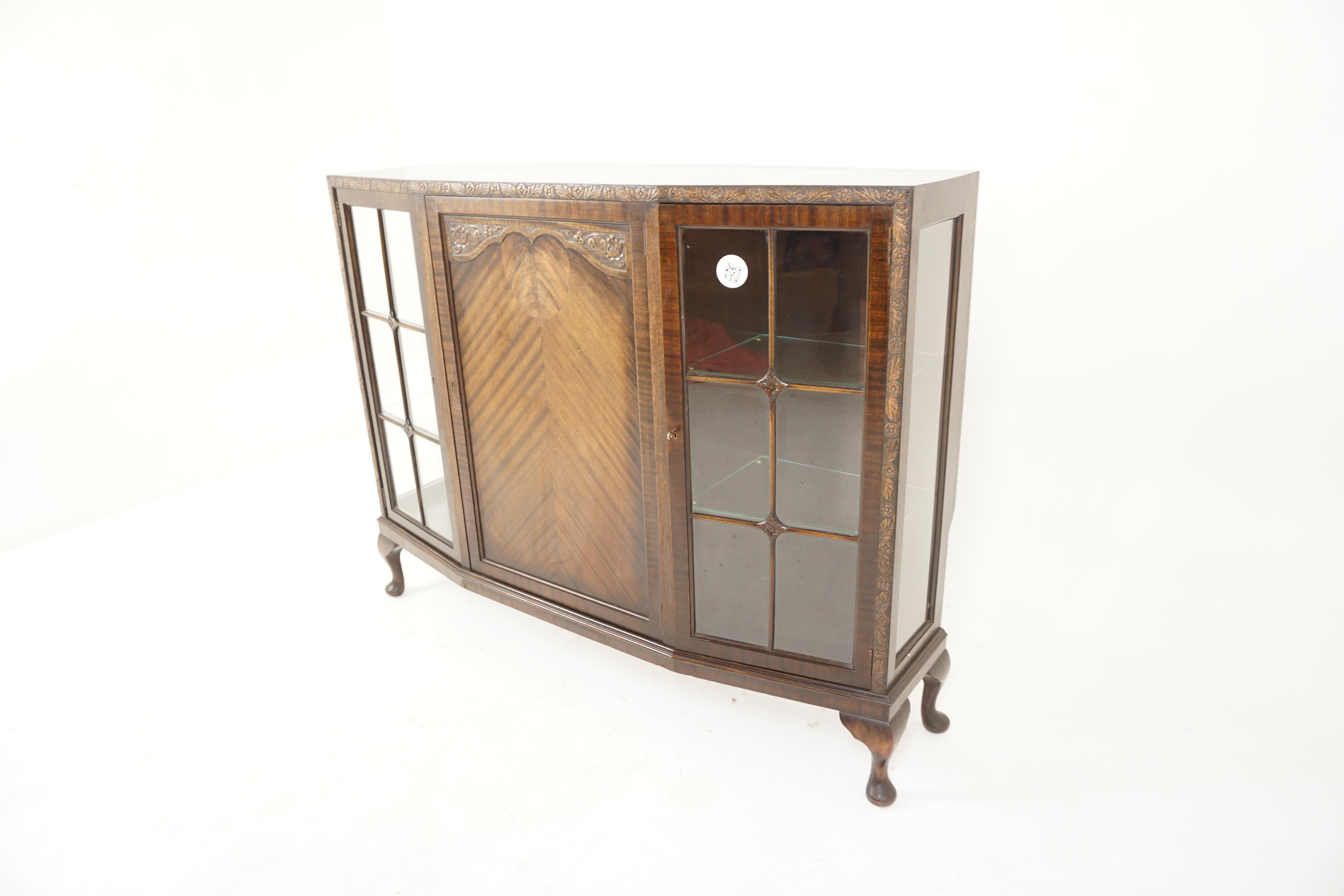 Art Deco Burr Walnut Three door display cabinet, China Cabinet, Scotland 1930, H789

Scotland 1930
Solid Walnut and Veneers
Original finish
Solid top with carved moulding on the front and running down the sides
Carved veneered central