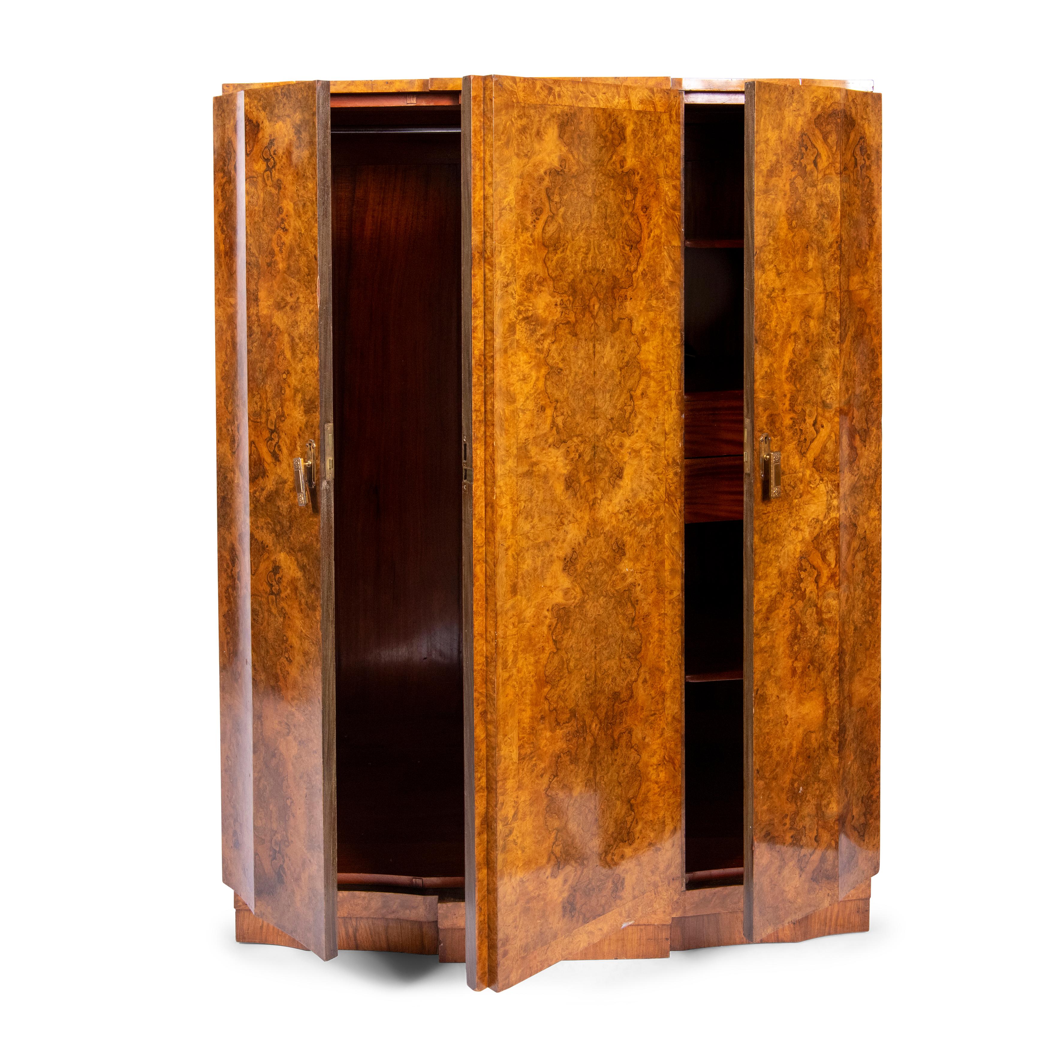 British Art Deco Burr Walnut Wardrobe, England circa 1925