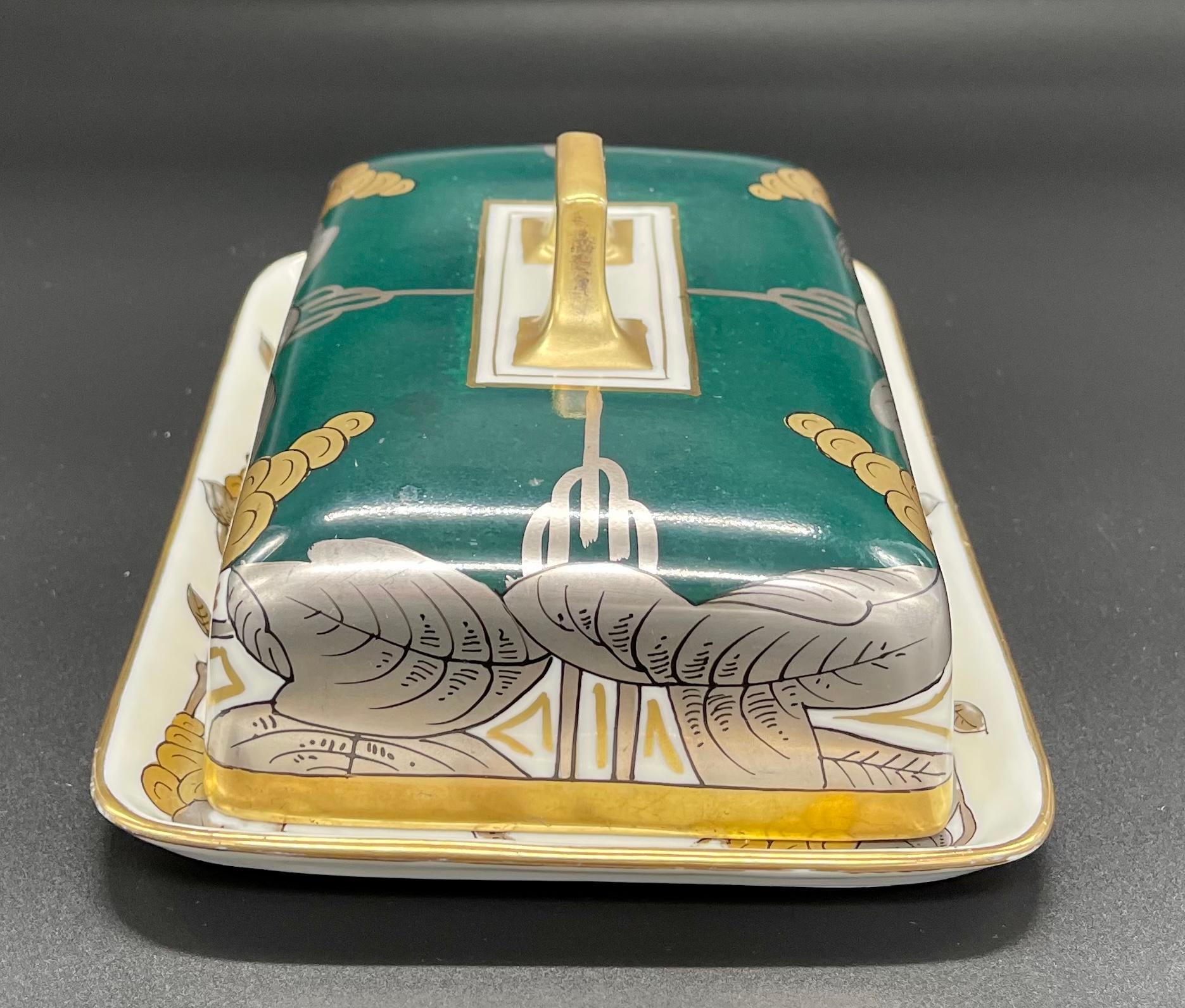 C.F. Boseck and Co., Bohemia, Austria Art Deco porcelain Butter Dish from 1920's. Beautiful hand painted heavy gold gilt porcelain dish. Excellent condition with very slight wear. Winged crown manufacture stamped at bottom.