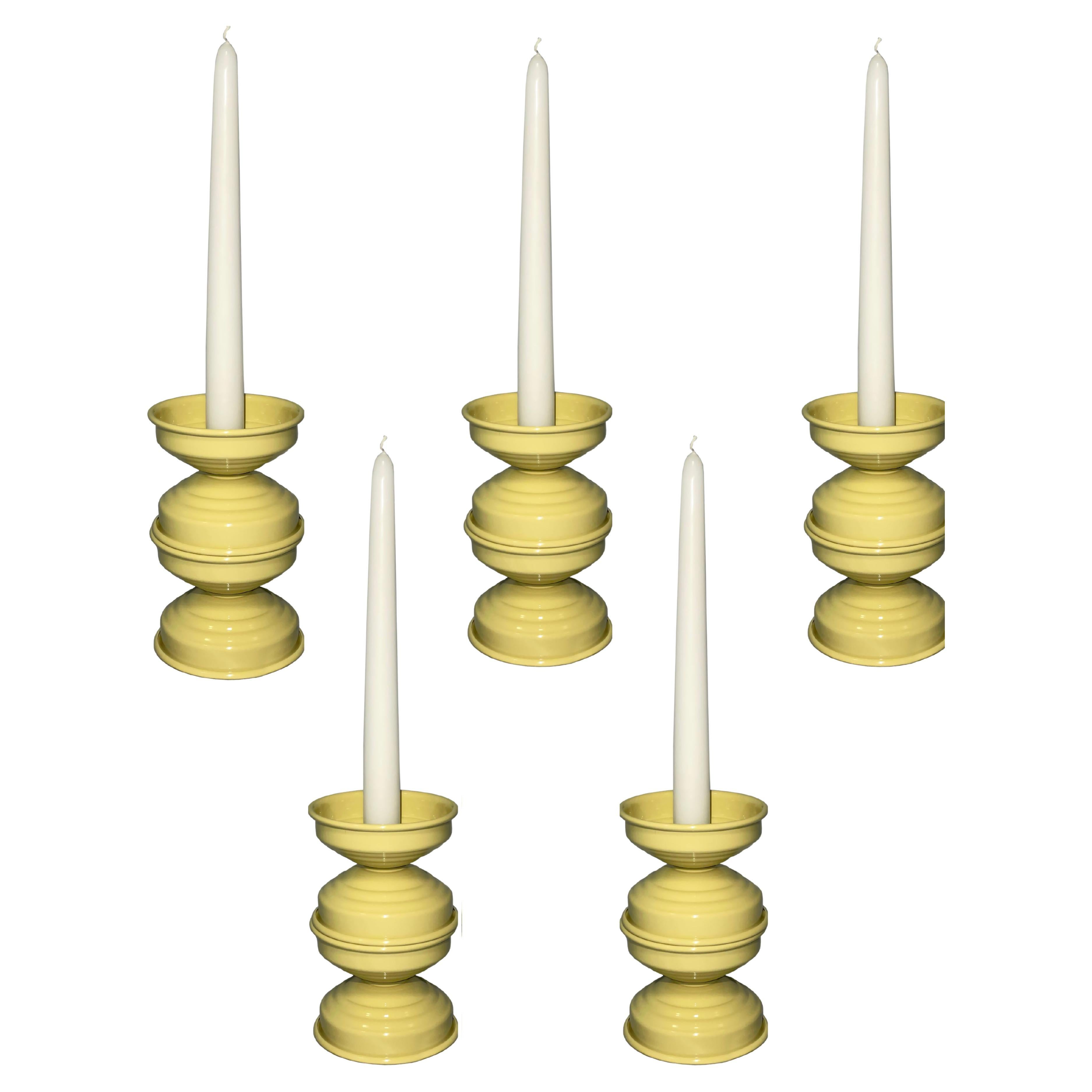 Pre-owned Caspal Art Deco Butter Yellow Candle Holders, Italian Contemporary Design, Set Of 5