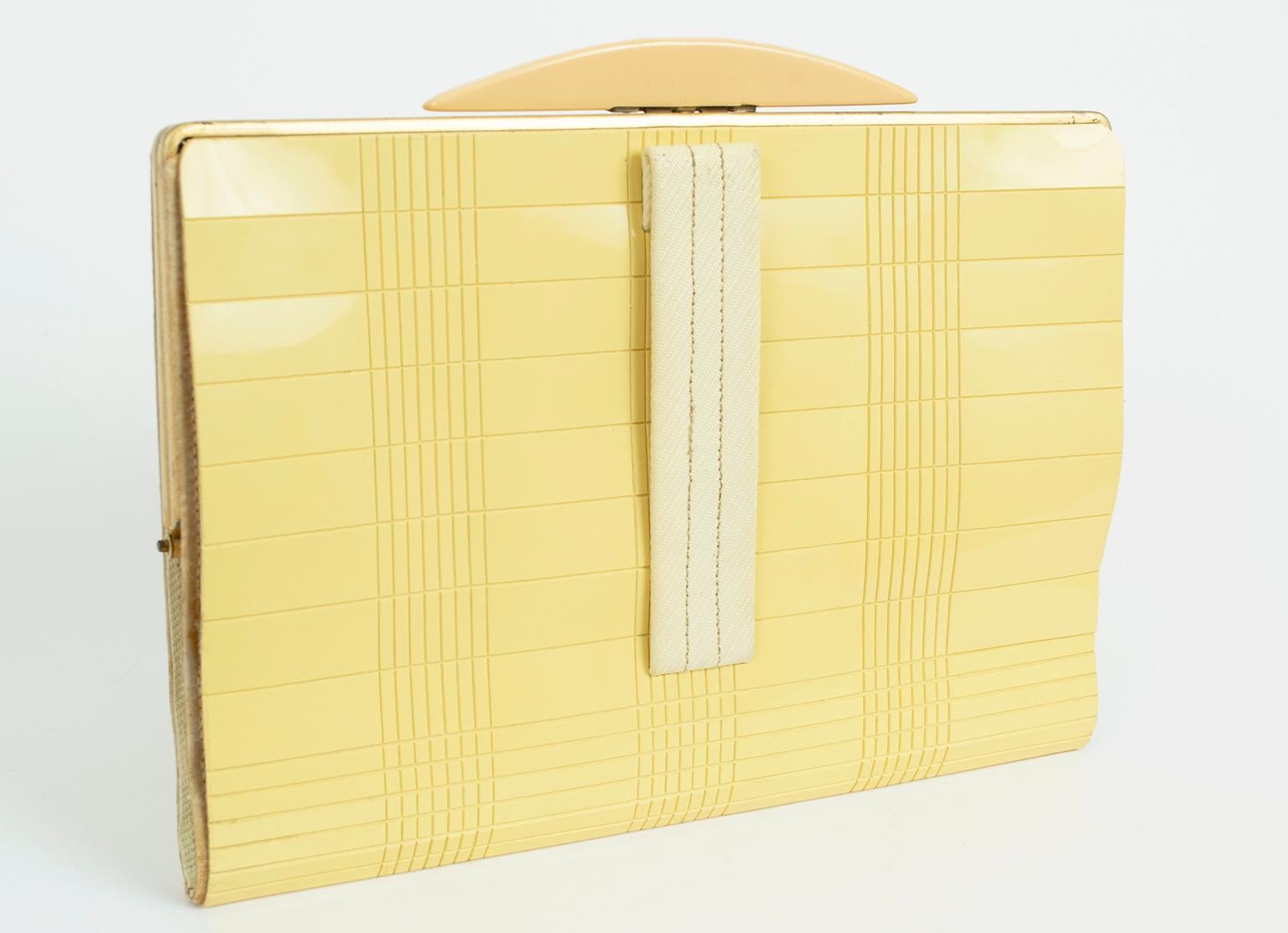Art Deco Buttercream Grid Vinyl Dance Clutch with Carved Bakelite Clasp, 1930s In Good Condition In Tucson, AZ