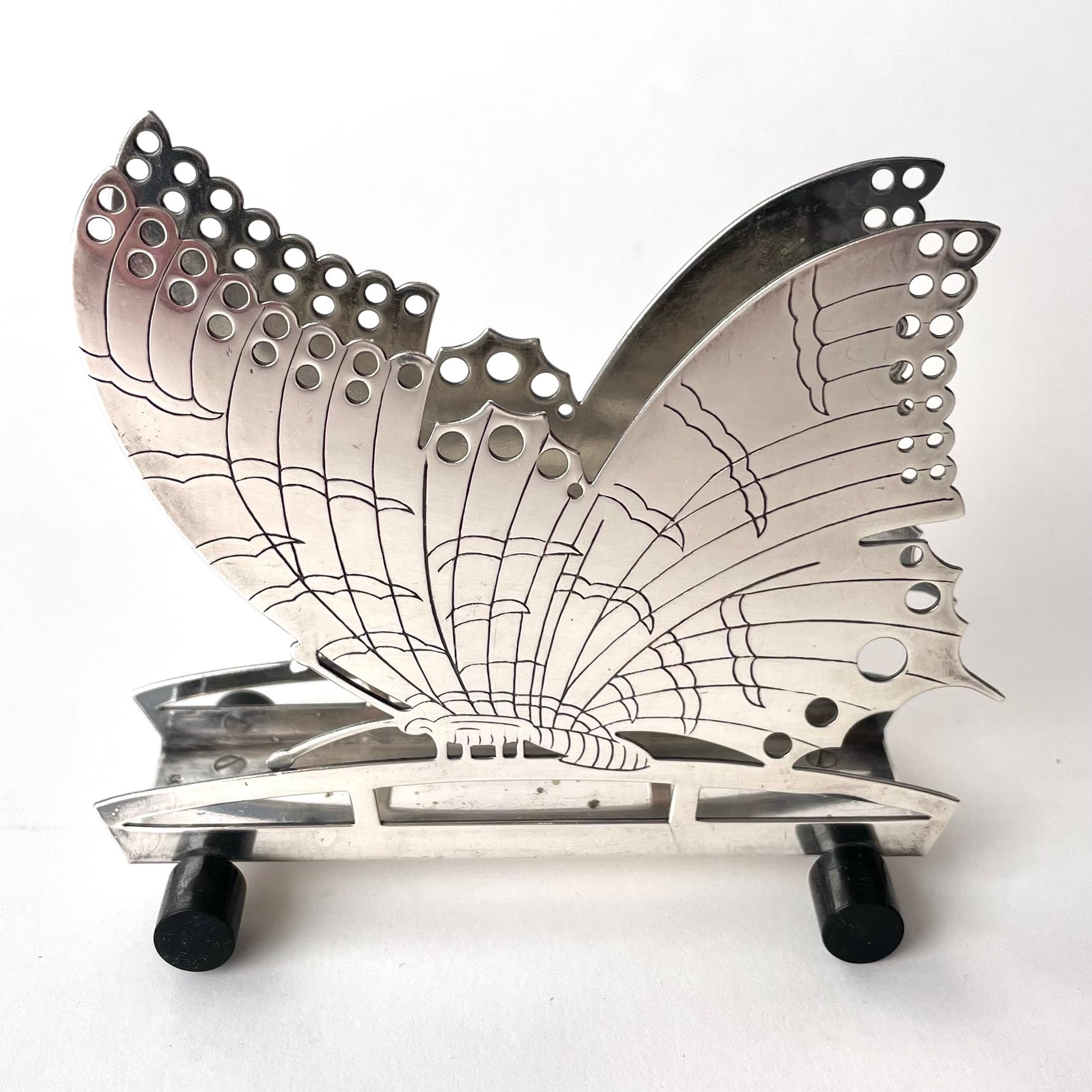 Silvered Art Deco Butterfly Napkin Holder Nickel Silver and Bakelite, 1920s-1930s