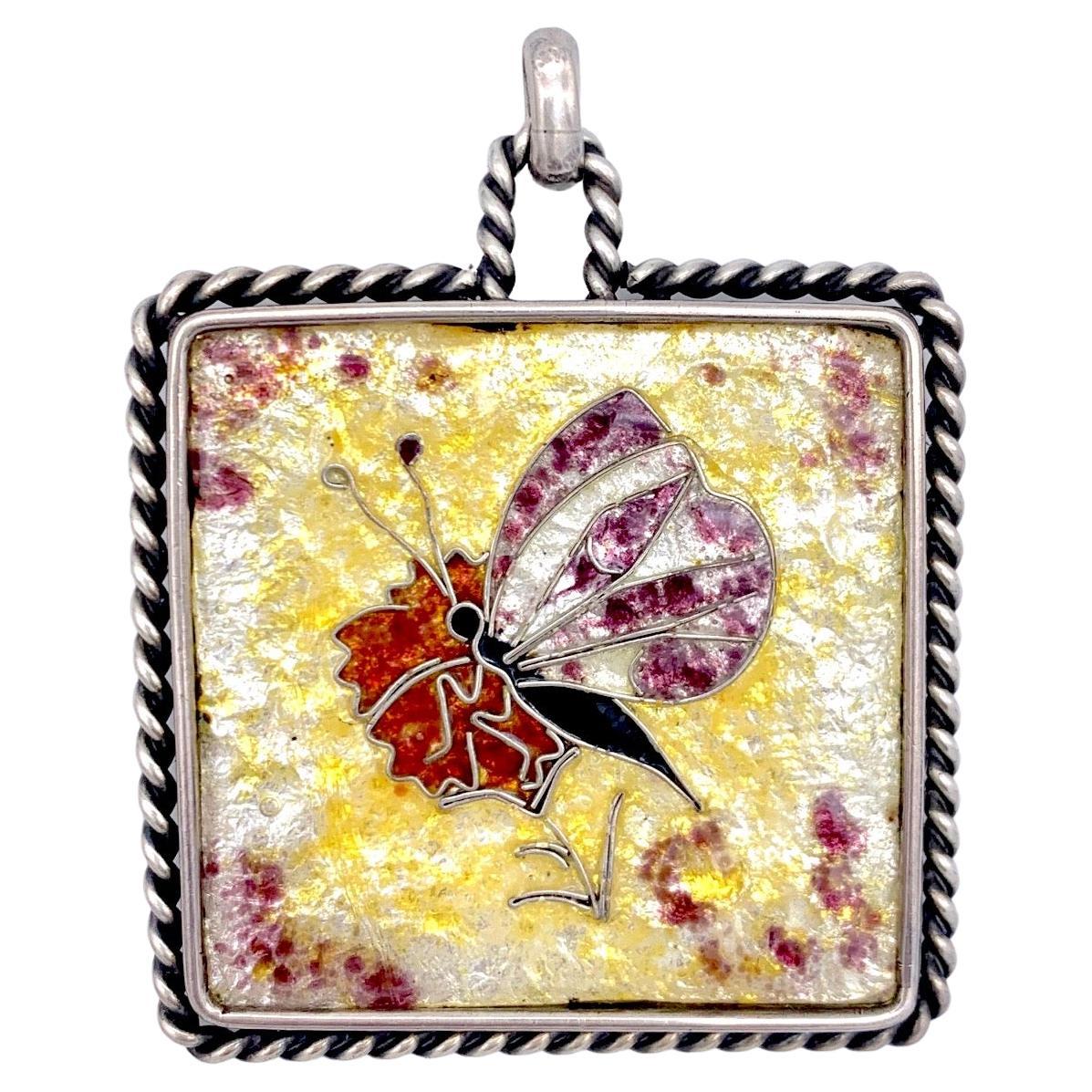 Art Deco Butterfly Pendant Necklace Cloissoné Enamel Sterling Silver