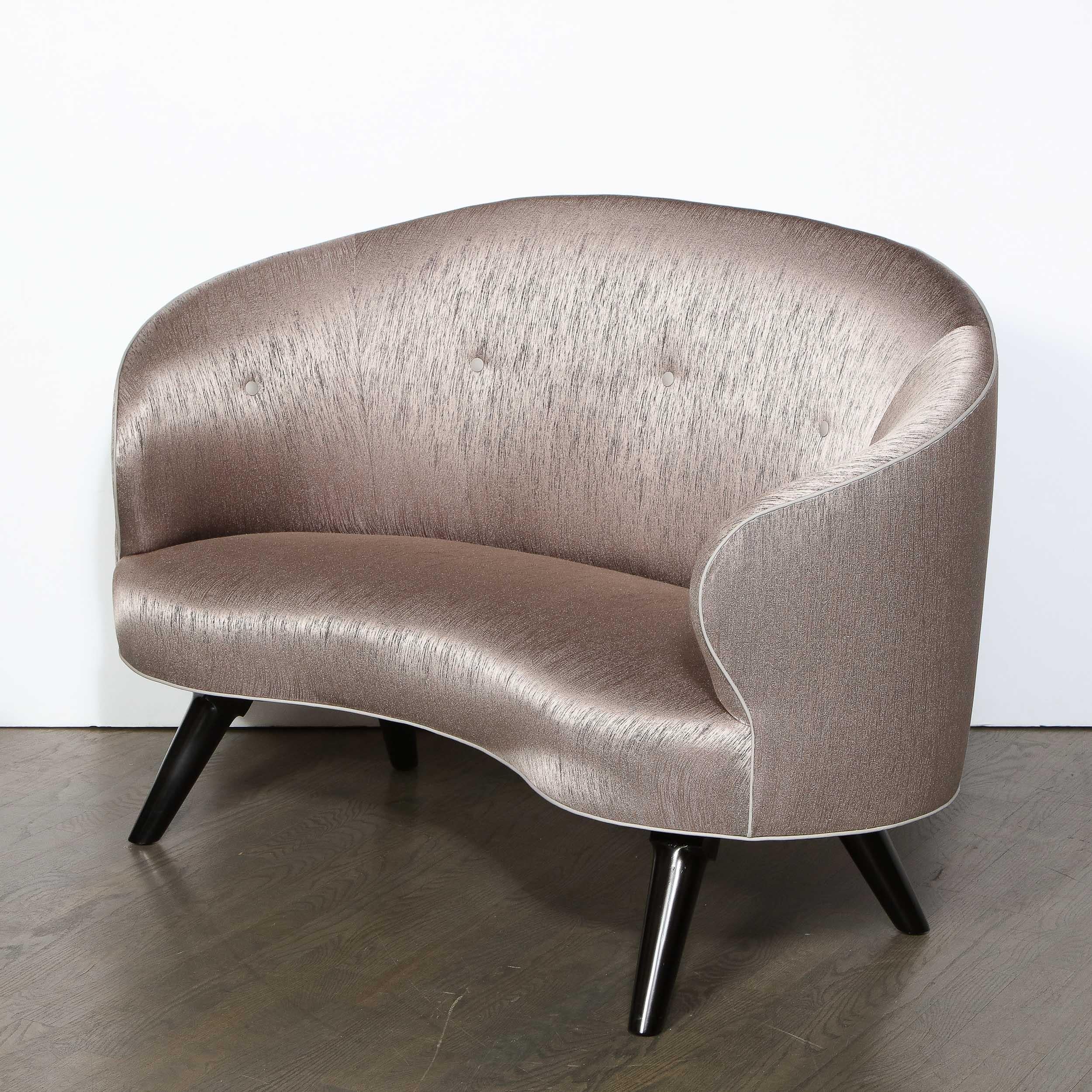 Art Deco Button Back Love Seat w/ Ebonized Walnut Legs in Striated Bronze Silk 6
