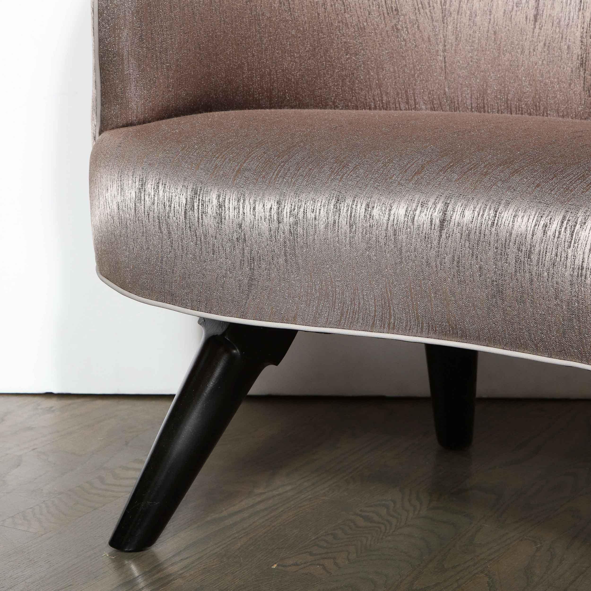 Art Deco Button Back Love Seat w/ Ebonized Walnut Legs in Striated Bronze Silk 7