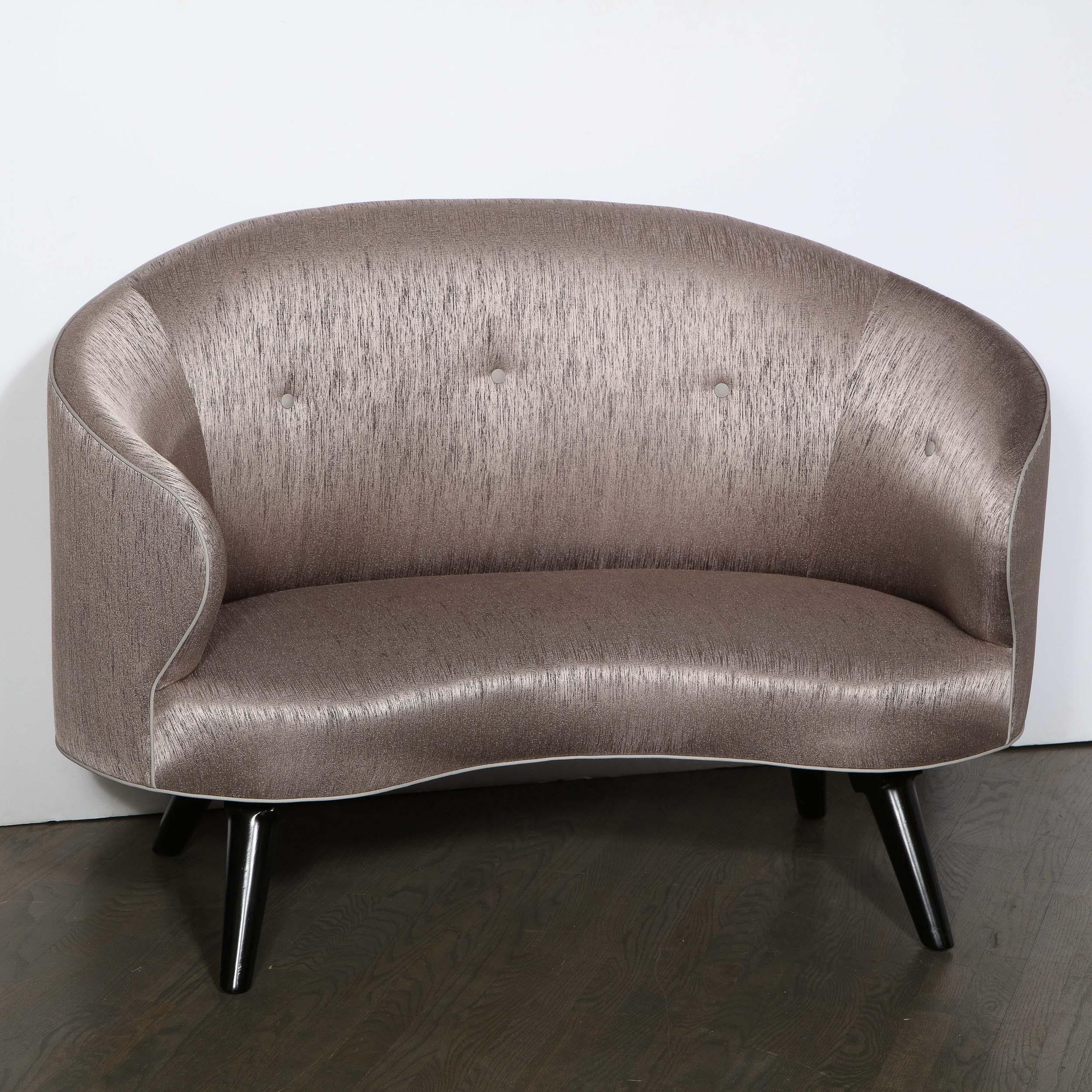 American Art Deco Button Back Love Seat w/ Ebonized Walnut Legs in Striated Bronze Silk
