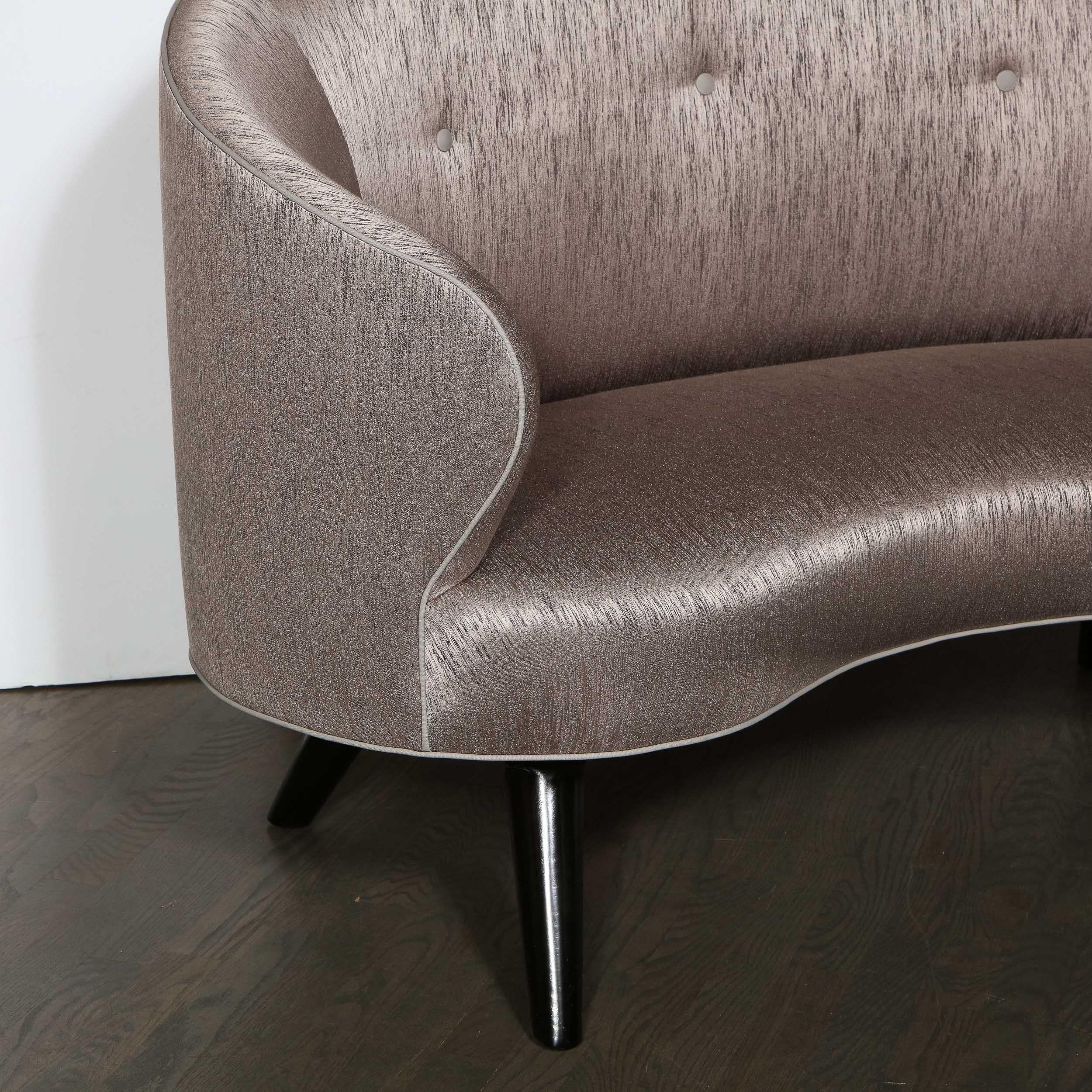 Art Deco Button Back Love Seat w/ Ebonized Walnut Legs in Striated Bronze Silk In Excellent Condition In New York, NY