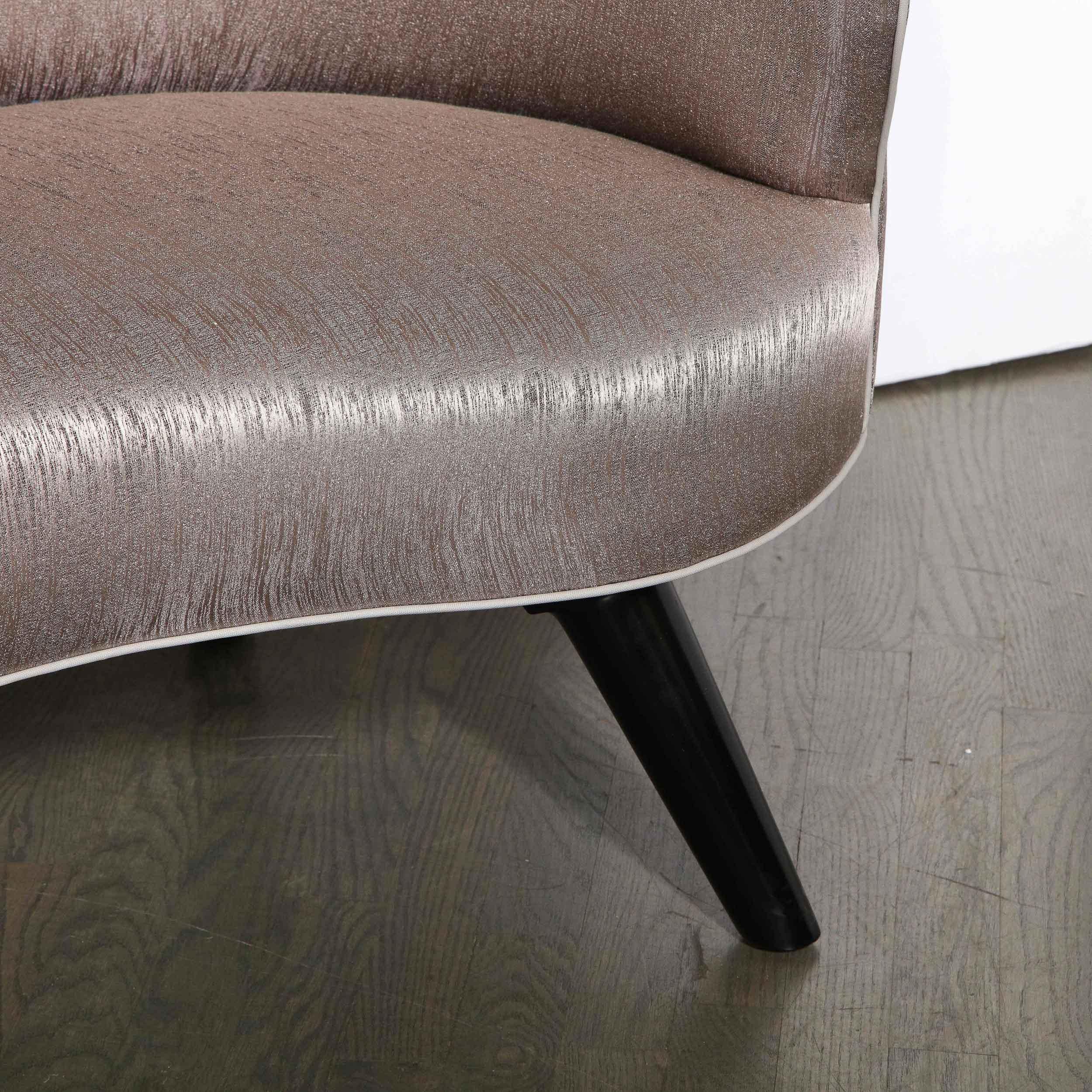 Mid-20th Century Art Deco Button Back Love Seat w/ Ebonized Walnut Legs in Striated Bronze Silk