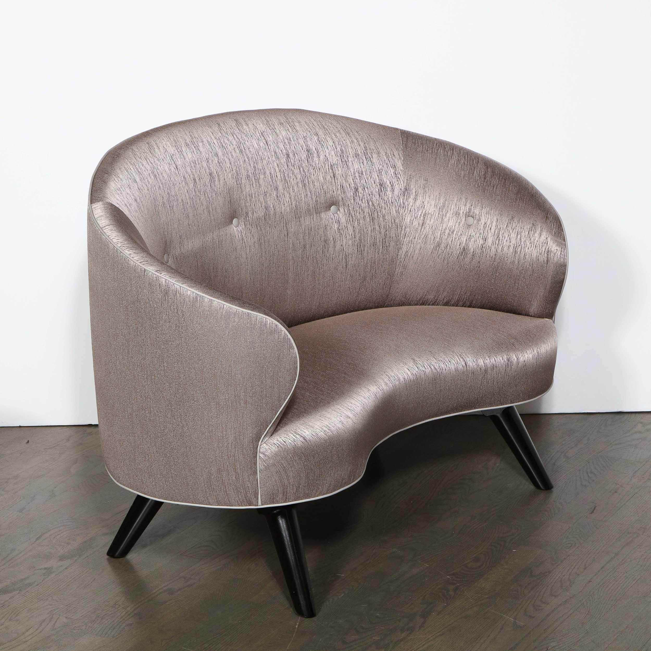 Art Deco Button Back Love Seat w/ Ebonized Walnut Legs in Striated Bronze Silk 1