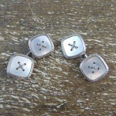 Vintage Art Deco Button Cufflinks, White Gold, Mother-of-Pearl