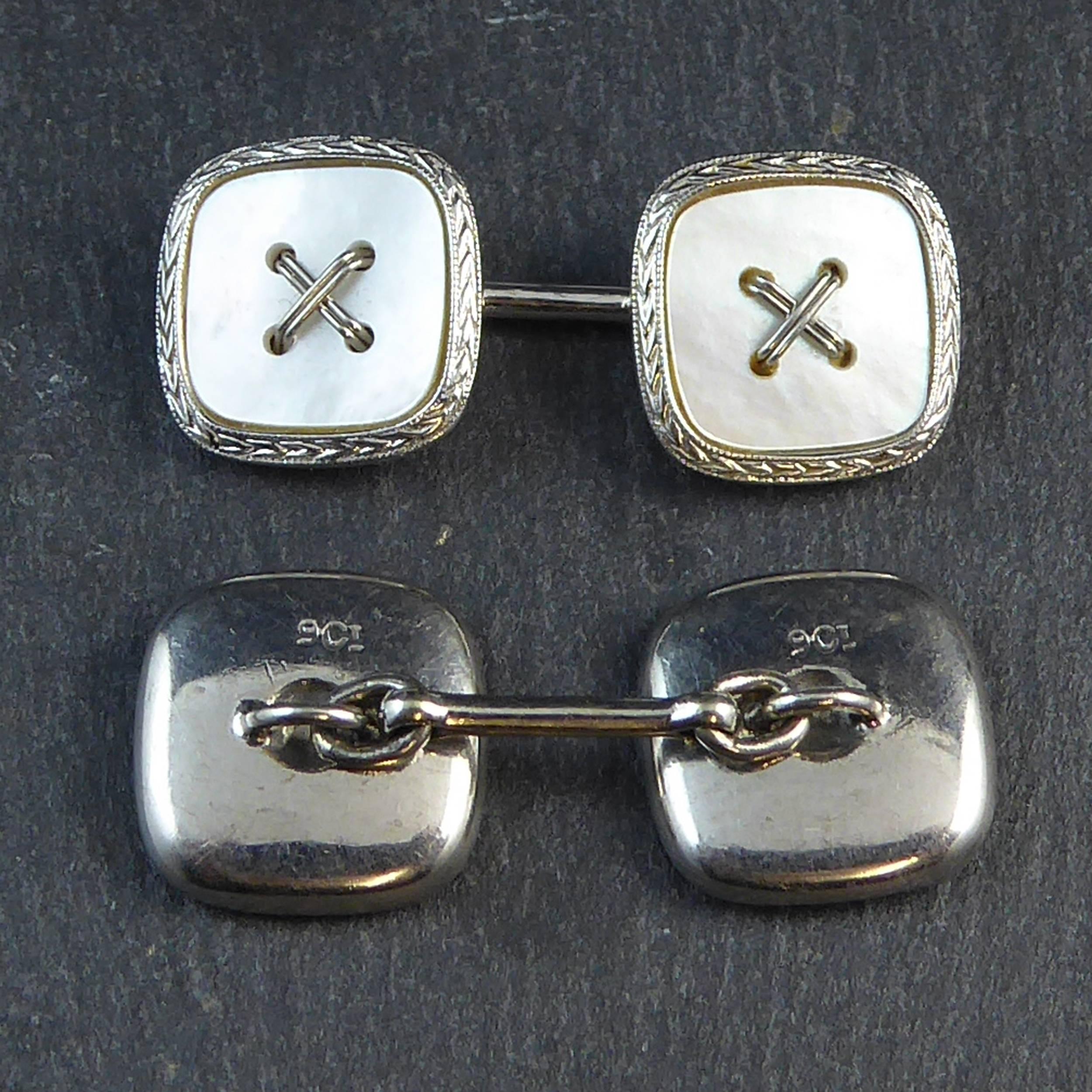 Men's Vintage Art Deco Button Cufflinks, White Gold, Mother-of-Pearl