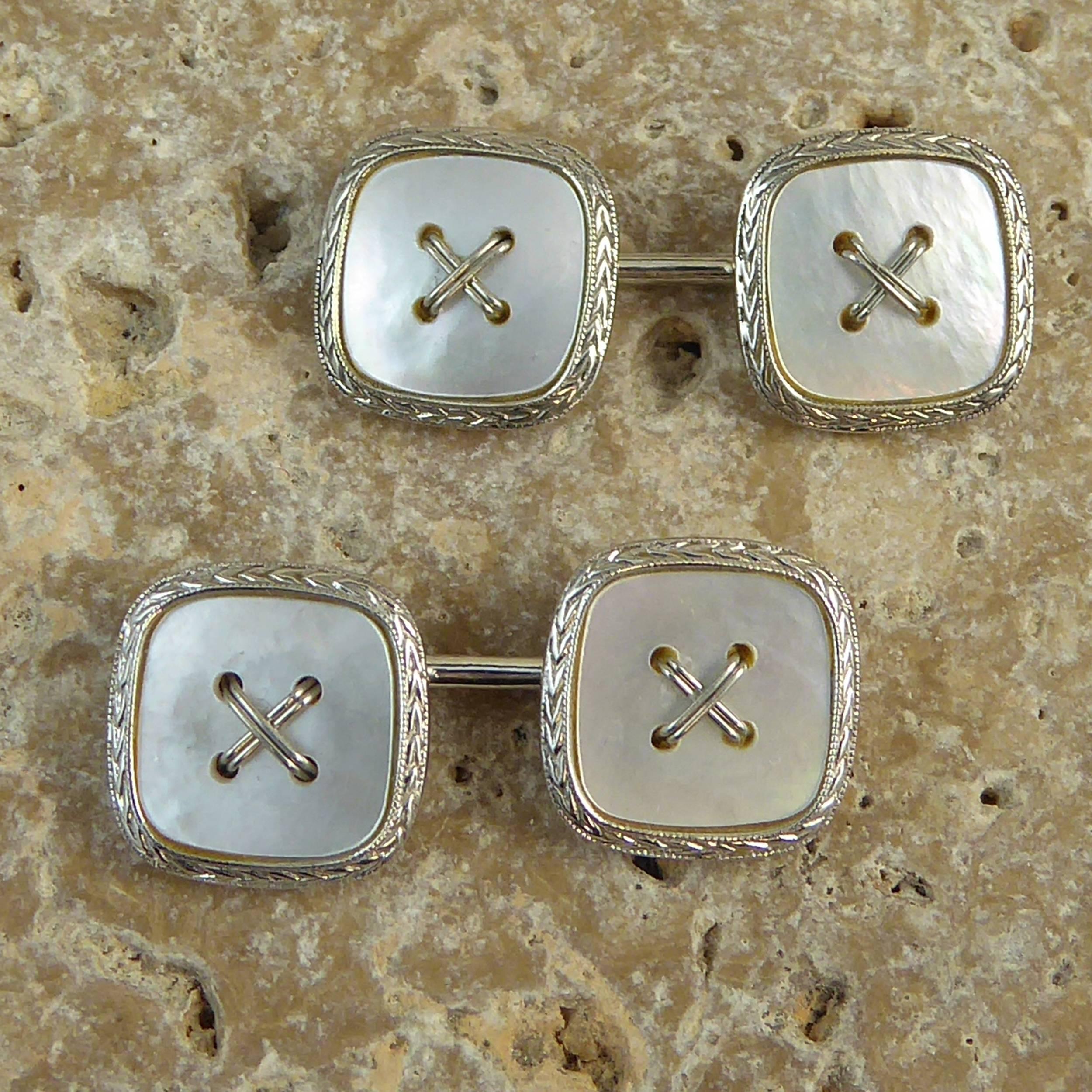 Vintage Art Deco Button Cufflinks, White Gold, Mother-of-Pearl 1