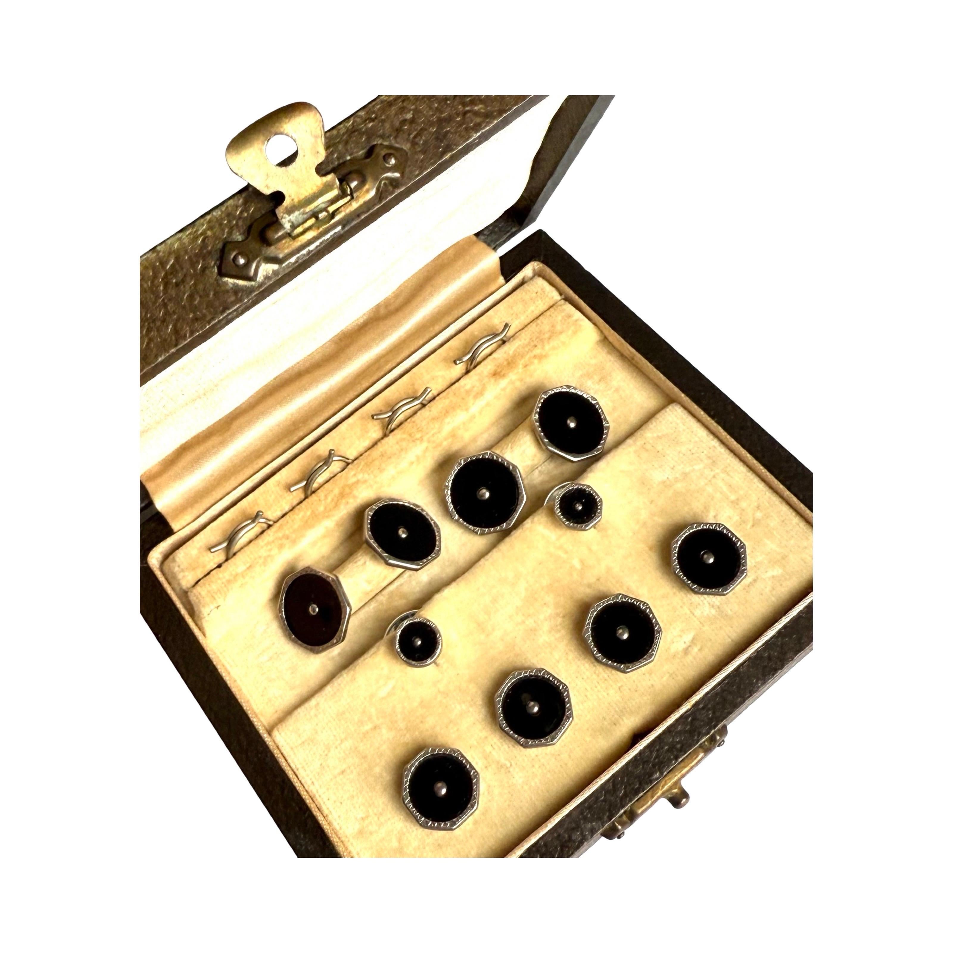 Art Deco buttons with matching cufflinks in original box, mint condition