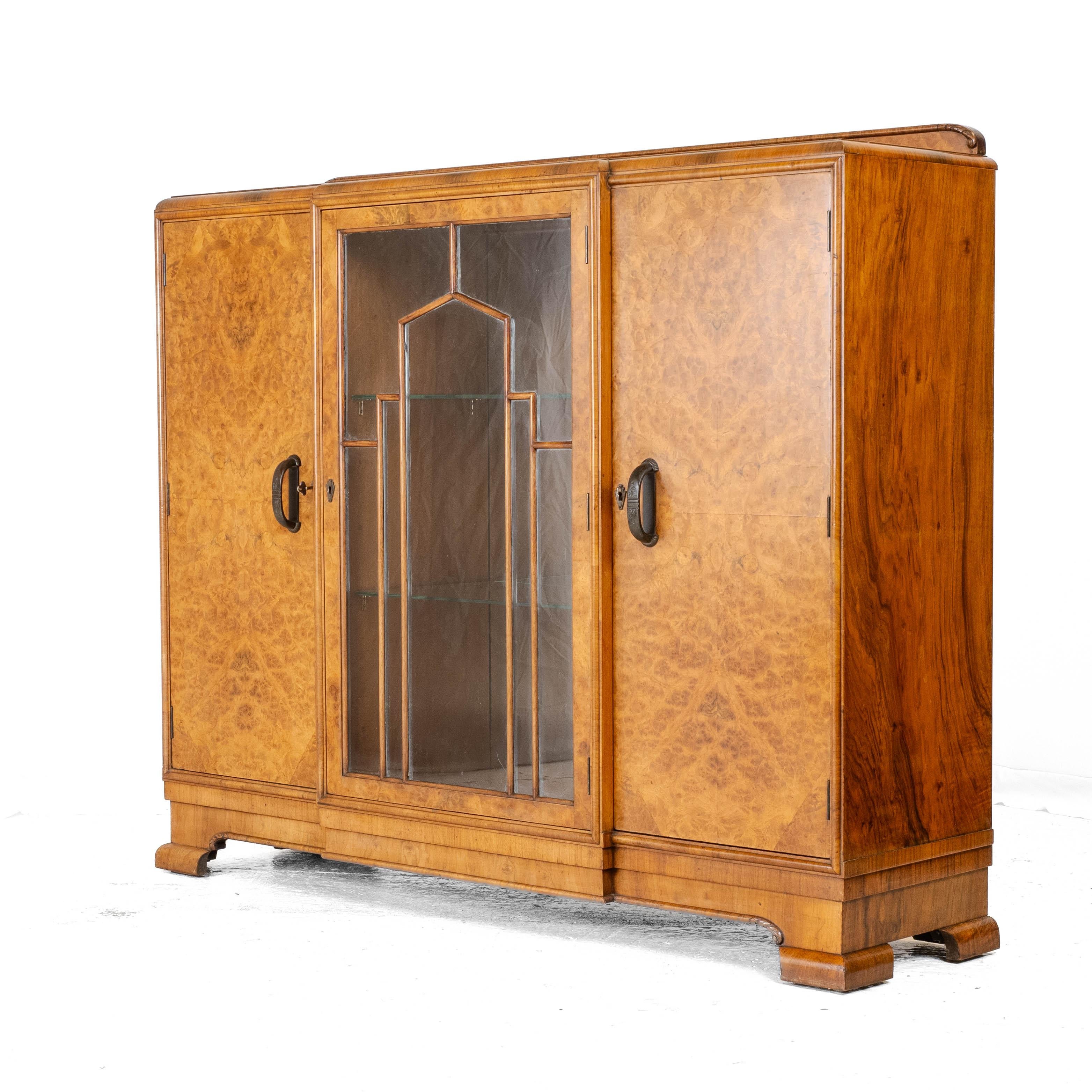 English Art Deco C1920 Burr Walnut Display Cabinet Sideboard by Leemings