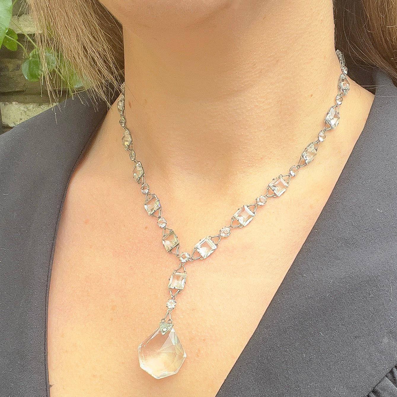Hexagon Cut Art Deco c.1920 Platinon and Crystal Antique Pendant Necklace