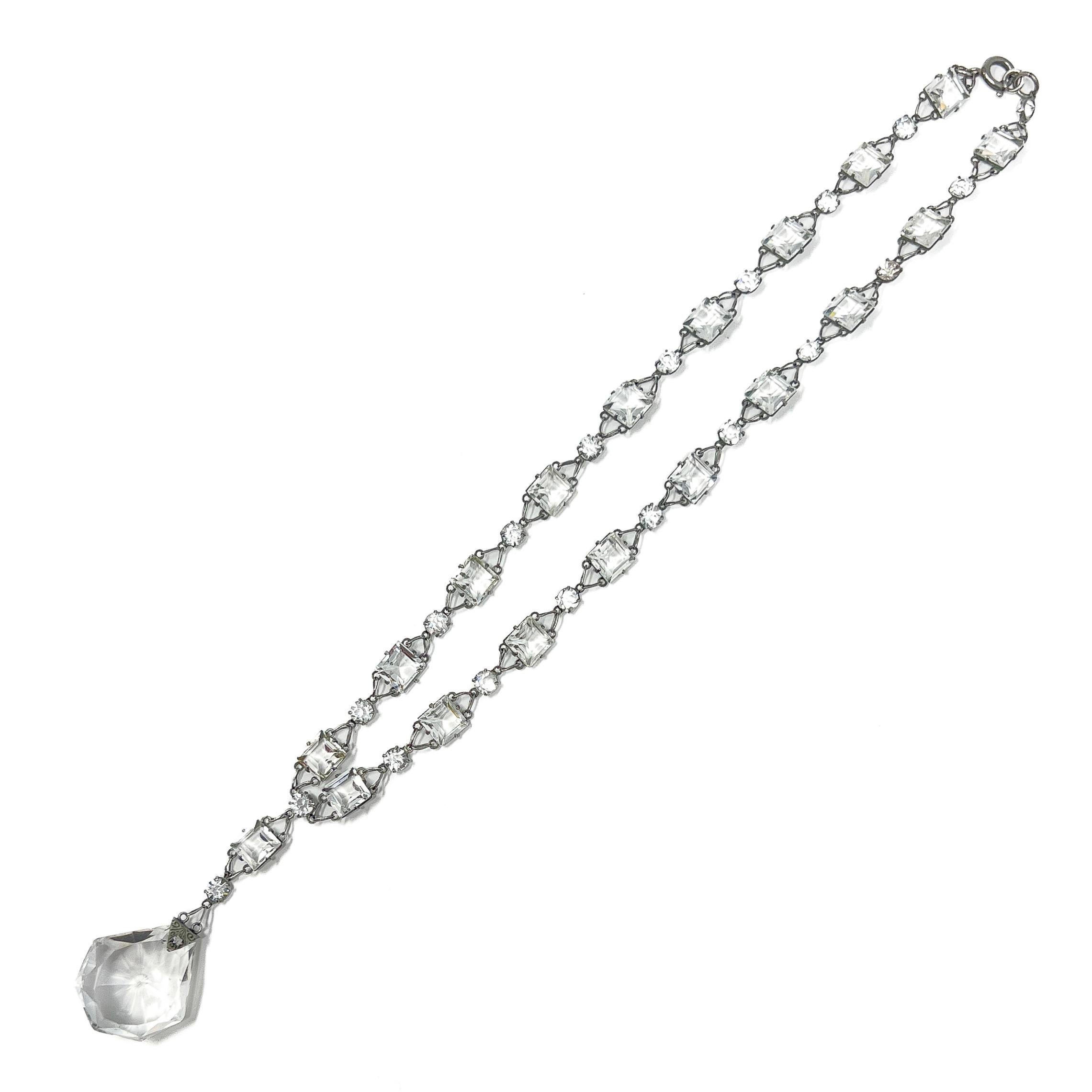 Women's Art Deco c.1920 Platinon and Crystal Antique Pendant Necklace