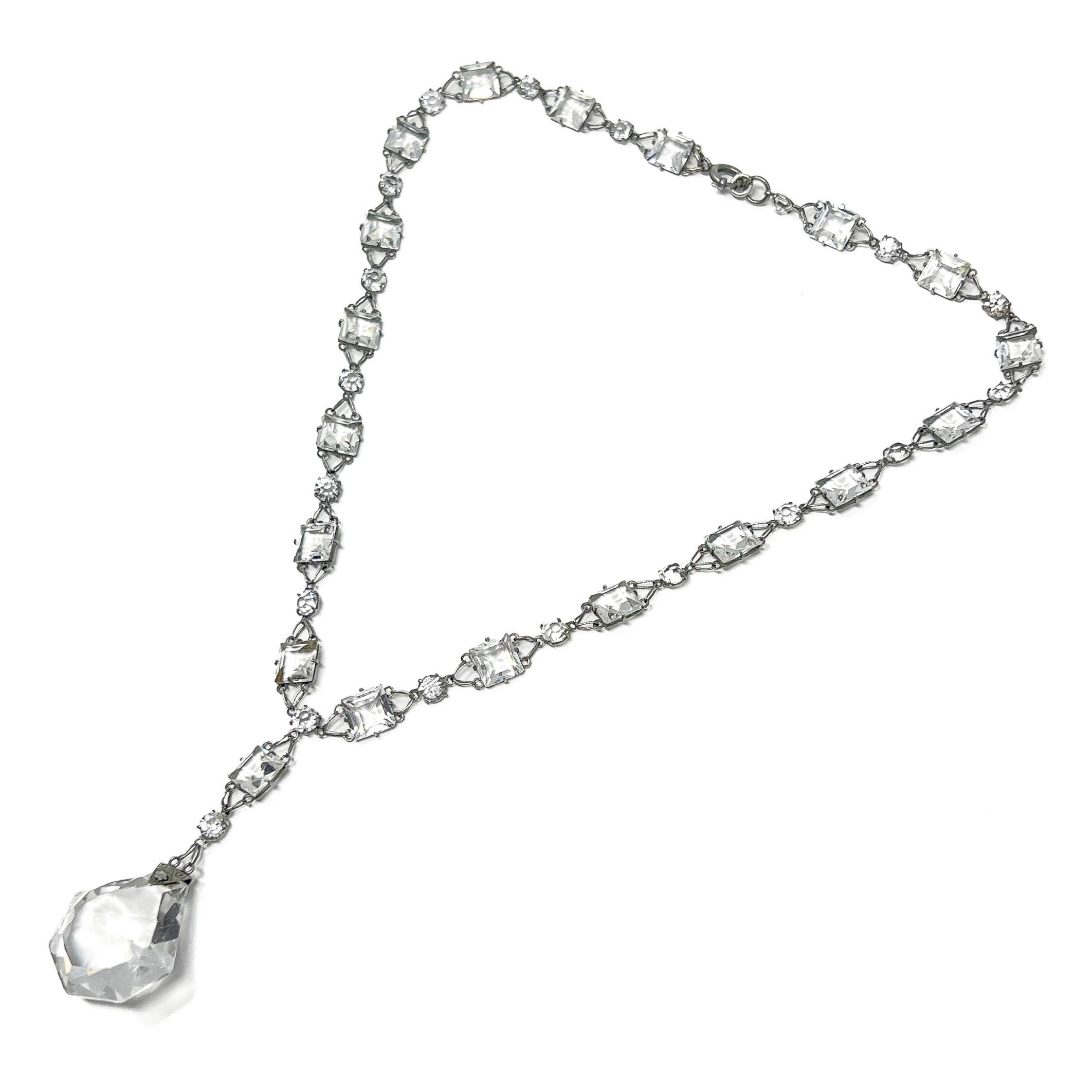 Art Deco c.1920 Platinon and Crystal Antique Pendant Necklace 3