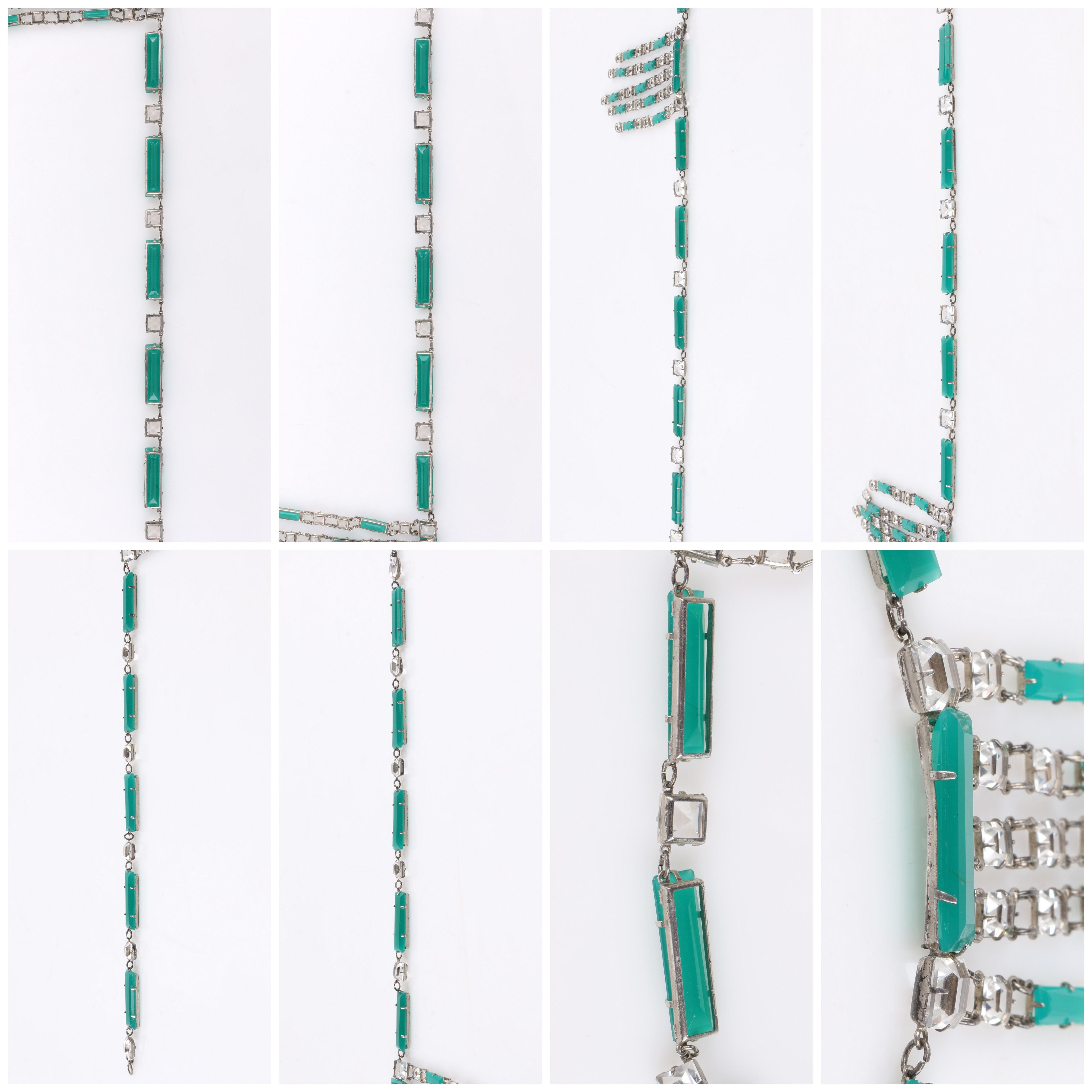ART DECO c.1920's Emerald & Clear Glass Sterling Silver Bib Pendant Necklace In Good Condition For Sale In Thiensville, WI