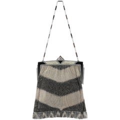 Antique ART DECO c.1920's Gray Chevron Metal Mesh Enamel Frame Top Flapper Evening Purse
