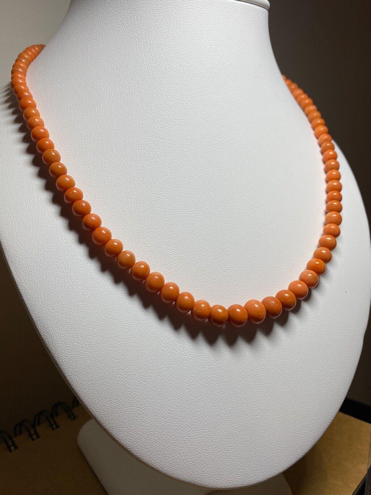 Fine & Rare Natural Salmon Red Coral Bead Necklace I
s dating back to Art-Deco period 

Composed of 87 graduating natural coral beads, 
with the biggest being 10mm x 7.5mm & smallest - 5mm x 4mm 
of stunning natural salmon red colour 

completed by