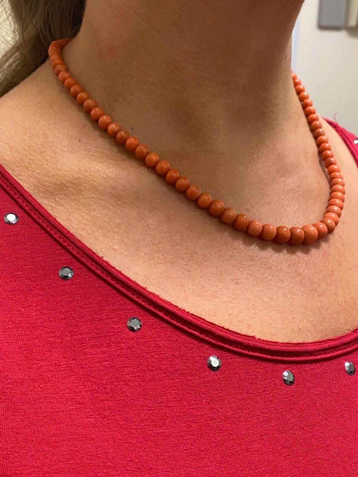 Round Cut Art-Deco c1920's Mediterranean Natural Salmon Red Coral Bead Necklace, 10mm-5mm. For Sale