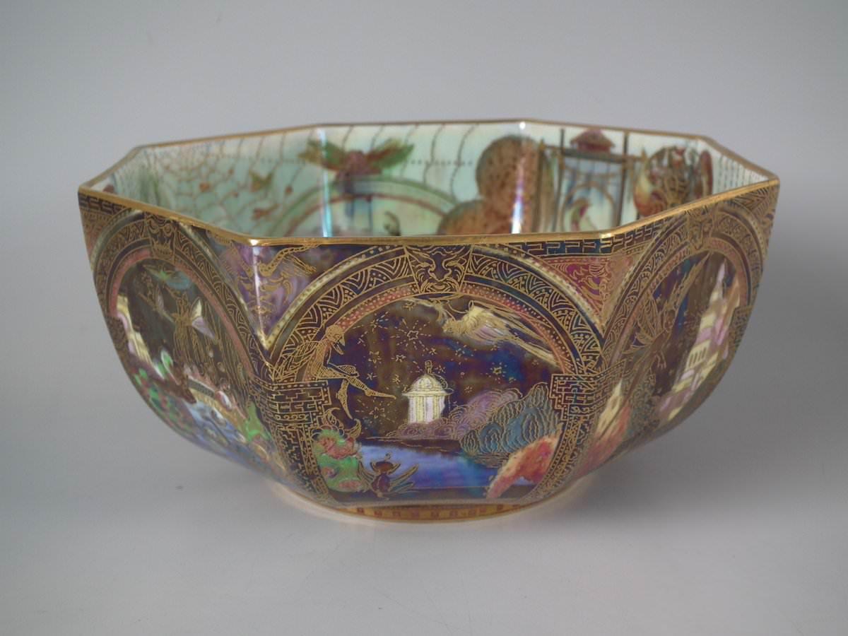 Glazed Art Deco circa 1920s Wedgwood Fairyland Lustre Gargoyles Octagonal Bowl