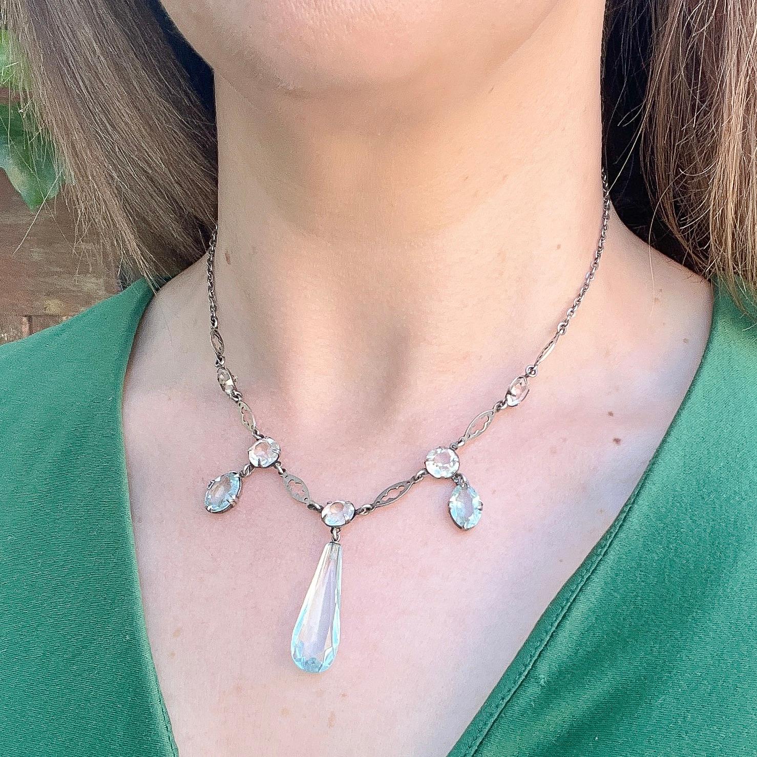 Brilliant Cut Art Deco c.1930 Crystal and Aquamarine Glass Vintage Necklace