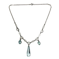 Art Deco c.1930 Crystal and Aquamarine Glass Vintage Necklace