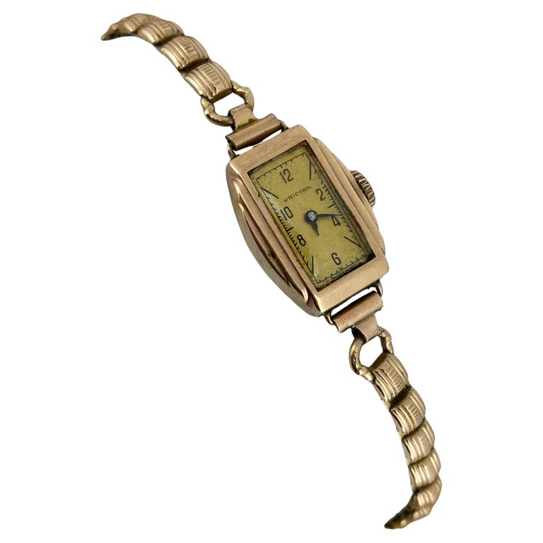 Art-Deco c1930's 9K Rose Gold Tonneau Swiss Unicorn Ladies