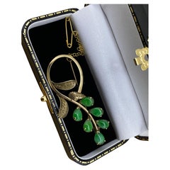 Art-Deco c1940’s 10K Yellow Gold & Apple Green Pear Jadeite Foliate Spray Brooch