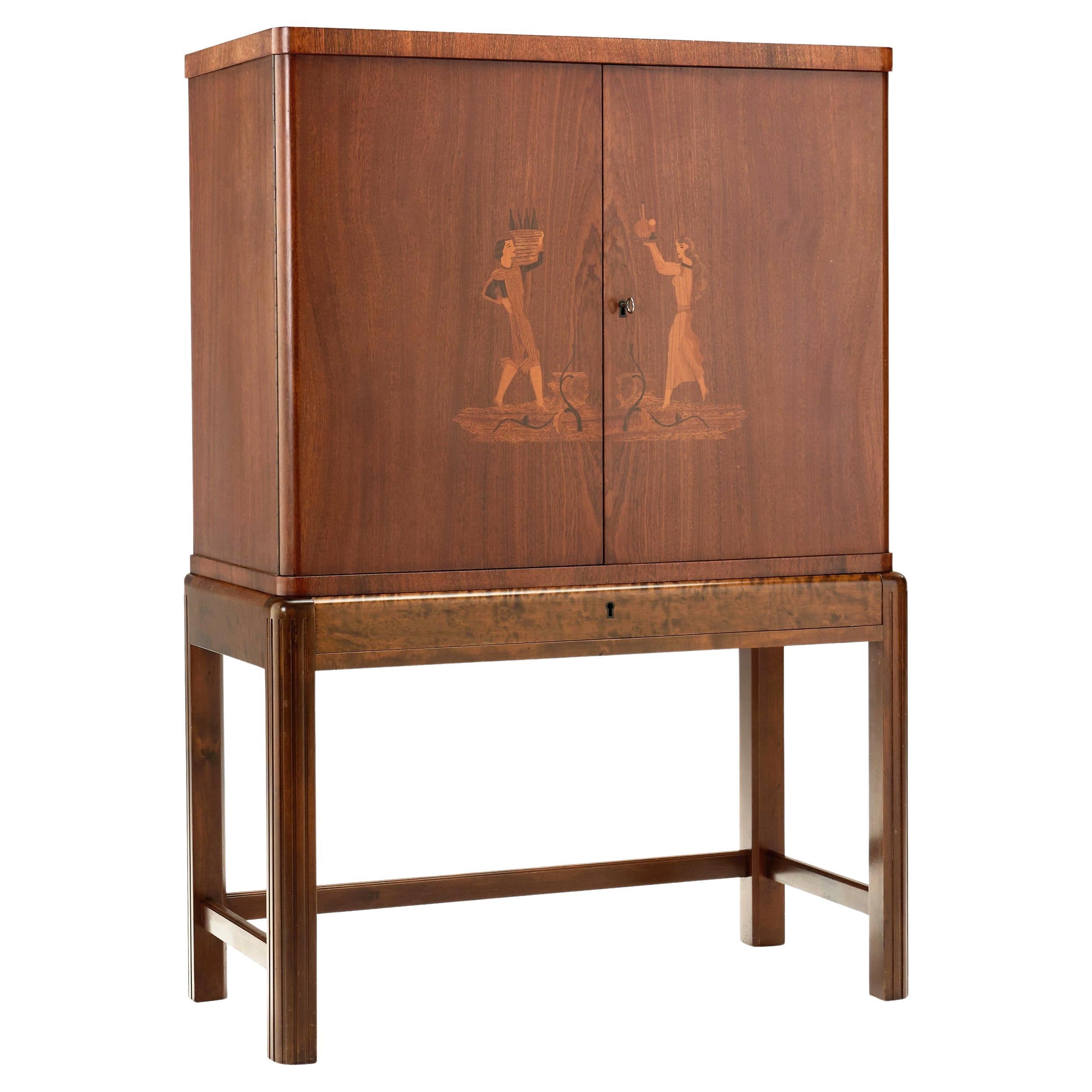 Art Deco Cabinet in Birch with Illustrative Details, Europe 1930s