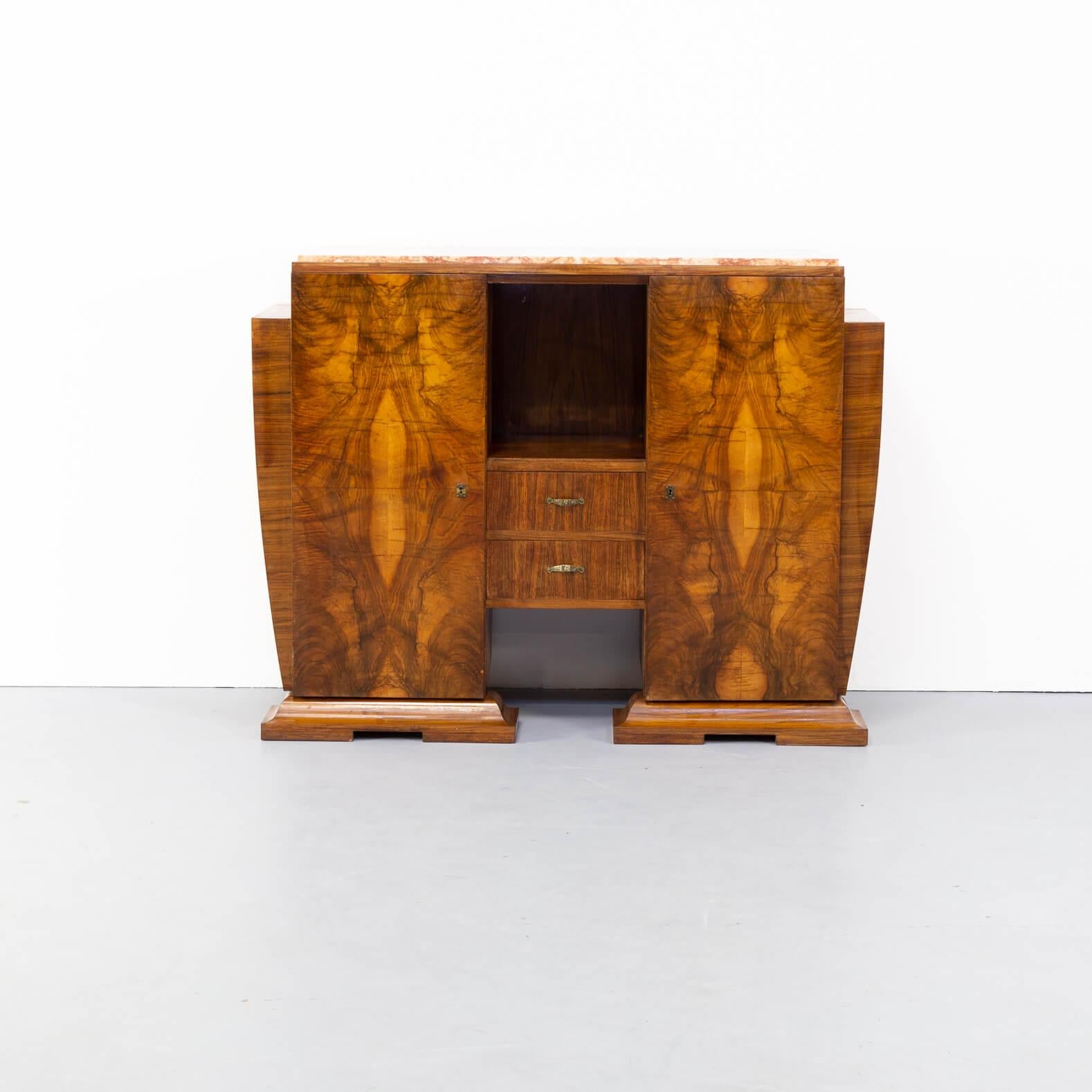 20th Century Art Deco Cabinet in Burl Walnut with Marble Table Top