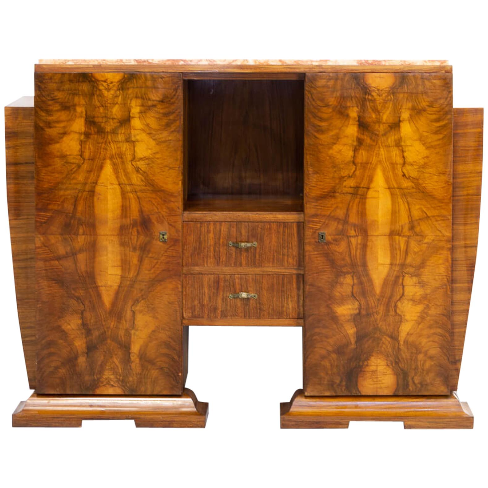 Art Deco Cabinet in Burl Walnut with Marble Table Top