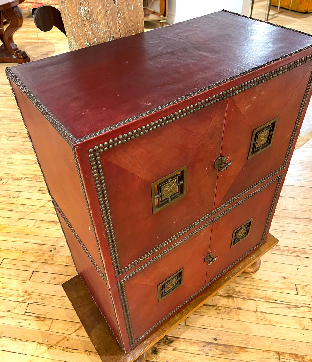 French Art Deco Cabinet in Deep Red Leather, France, with Bronze Mounts by Renard For Sale