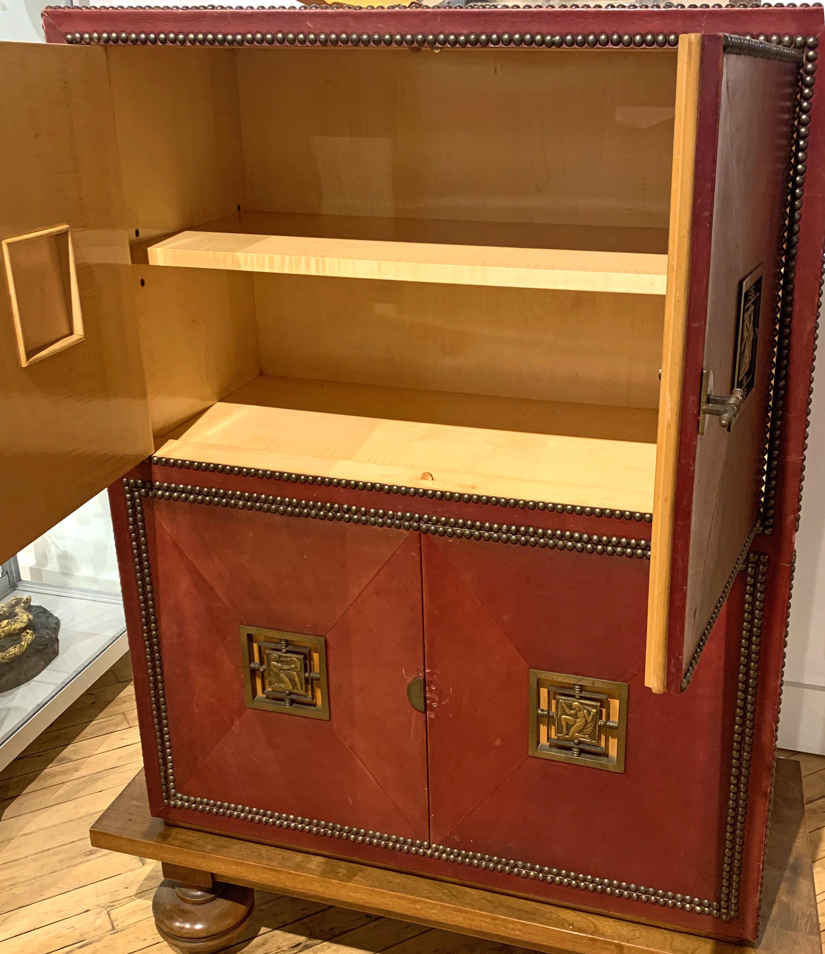 Art Deco Cabinet in Deep Red Leather, France, with Bronze Mounts by Renard In Good Condition For Sale In Philadelphia, PA
