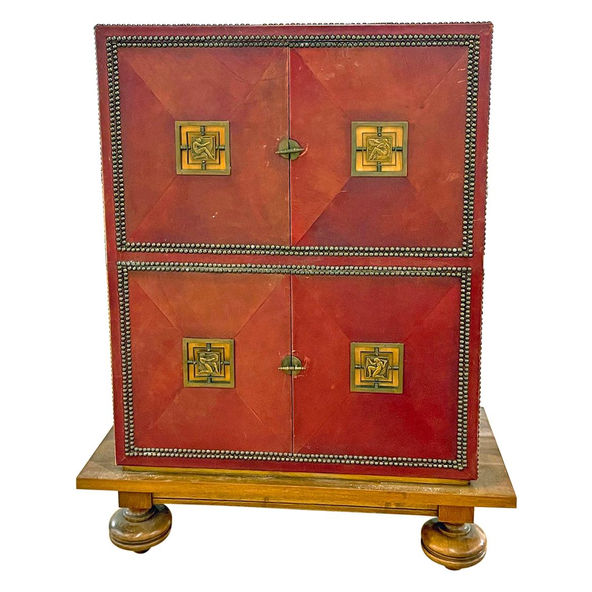 Art Deco Cabinet in Deep Red Leather, France, with Bronze Mounts by Renard For Sale