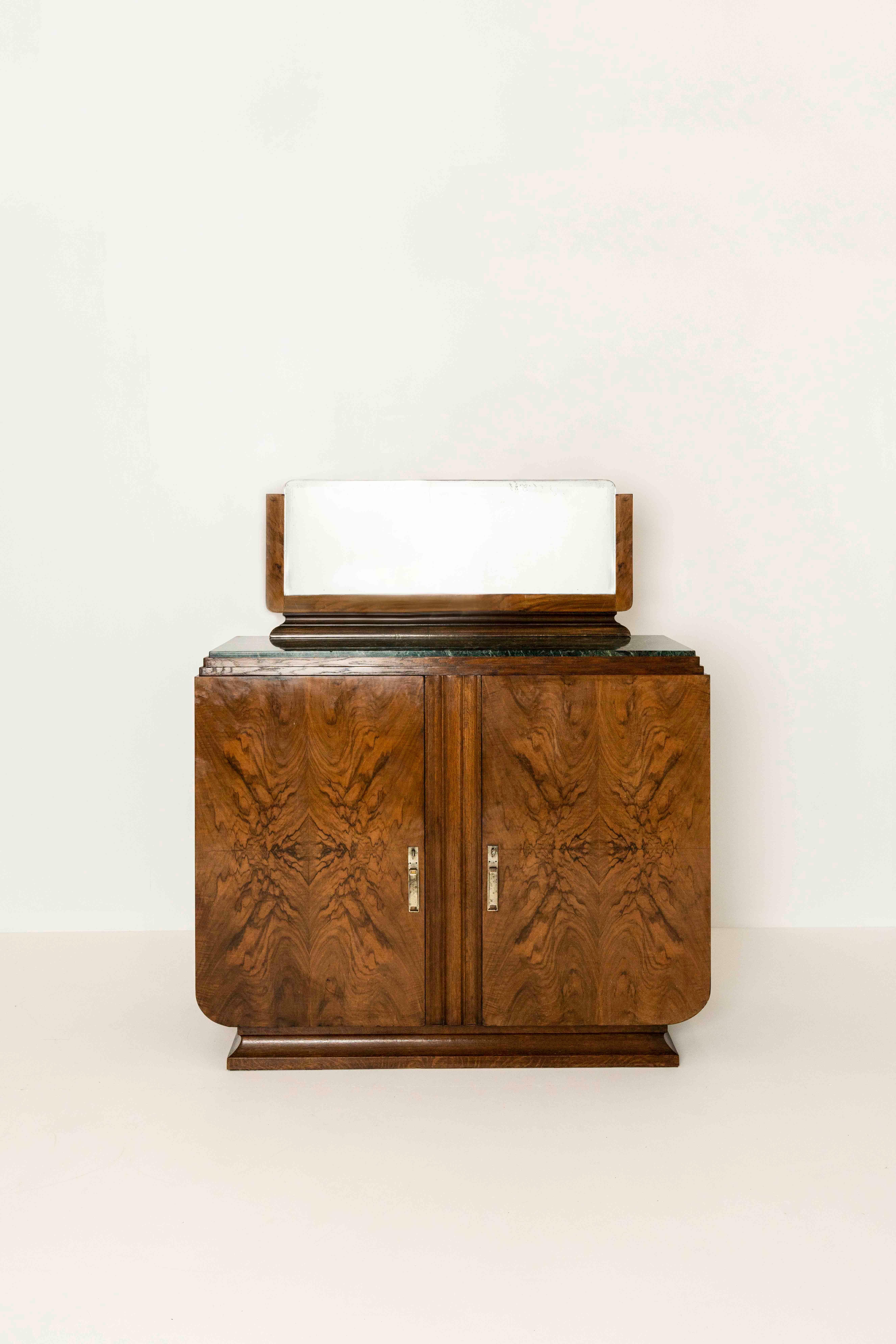 Dutch Art Deco Cabinet in Mahogany with Mirror and Marble Top, the Netherlands 1930s
