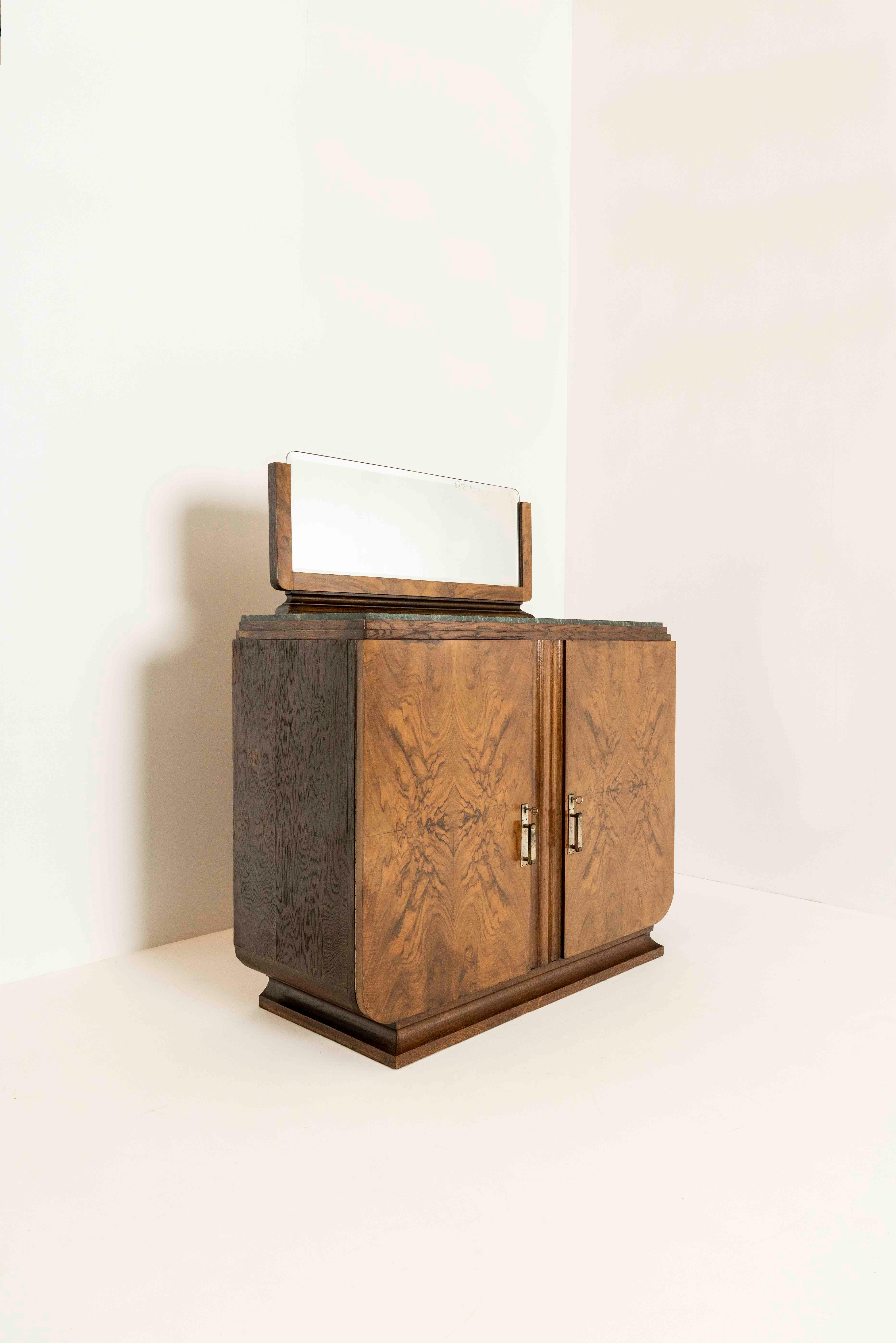 Art Deco Cabinet in Mahogany with Mirror and Marble Top, the Netherlands 1930s In Fair Condition In Hellouw, NL