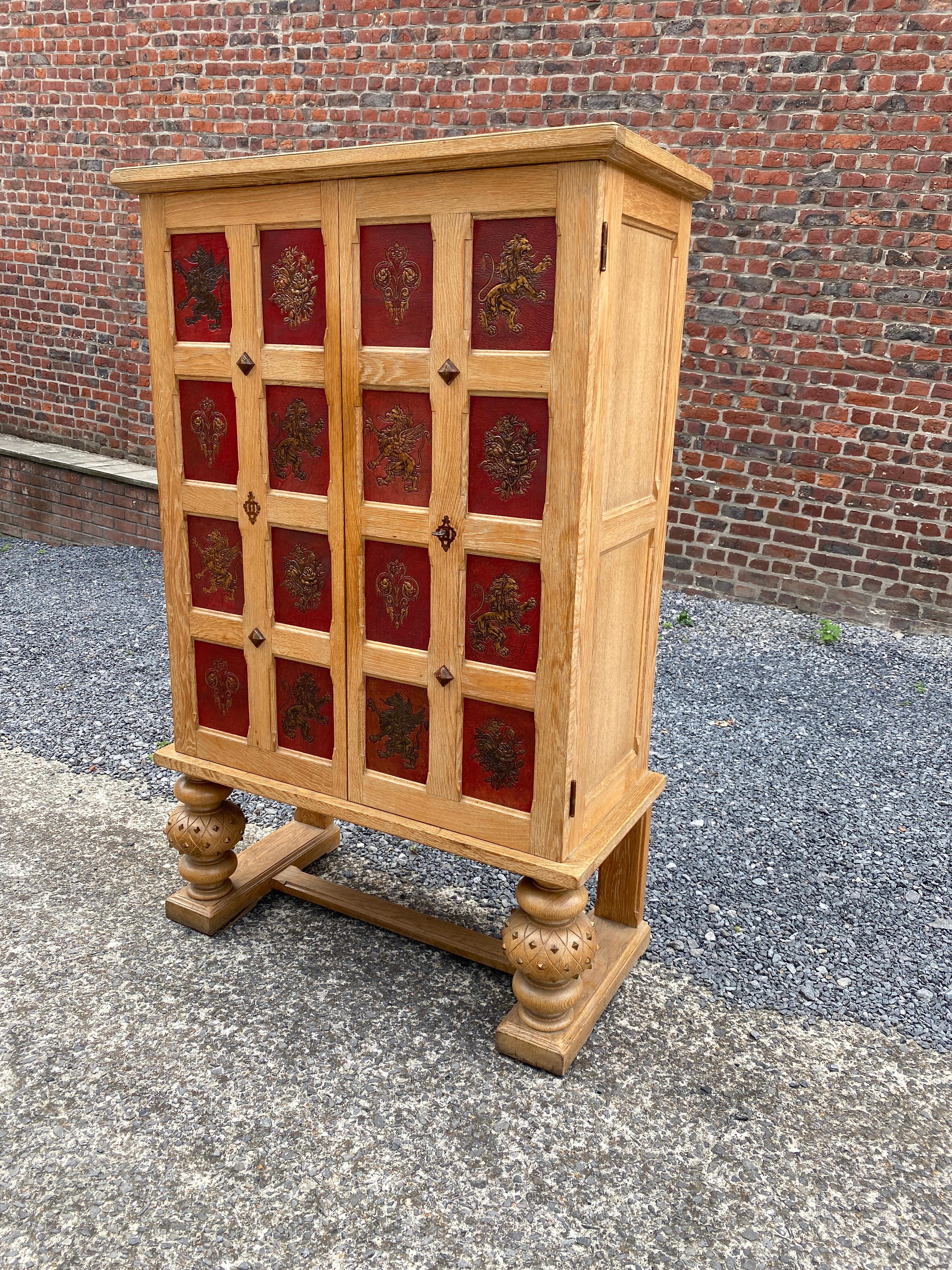 French Art Deco Cabinet in Oak and Embossed and Gilded Leather, circa 1940-1950 For Sale