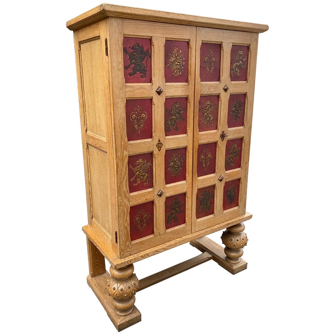 Art Deco Cabinet in Oak and Embossed and Gilded Leather, circa 1940-1950 For Sale