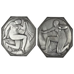 Art Deco Cabinet Plaques, Wall, Silvered Bronze