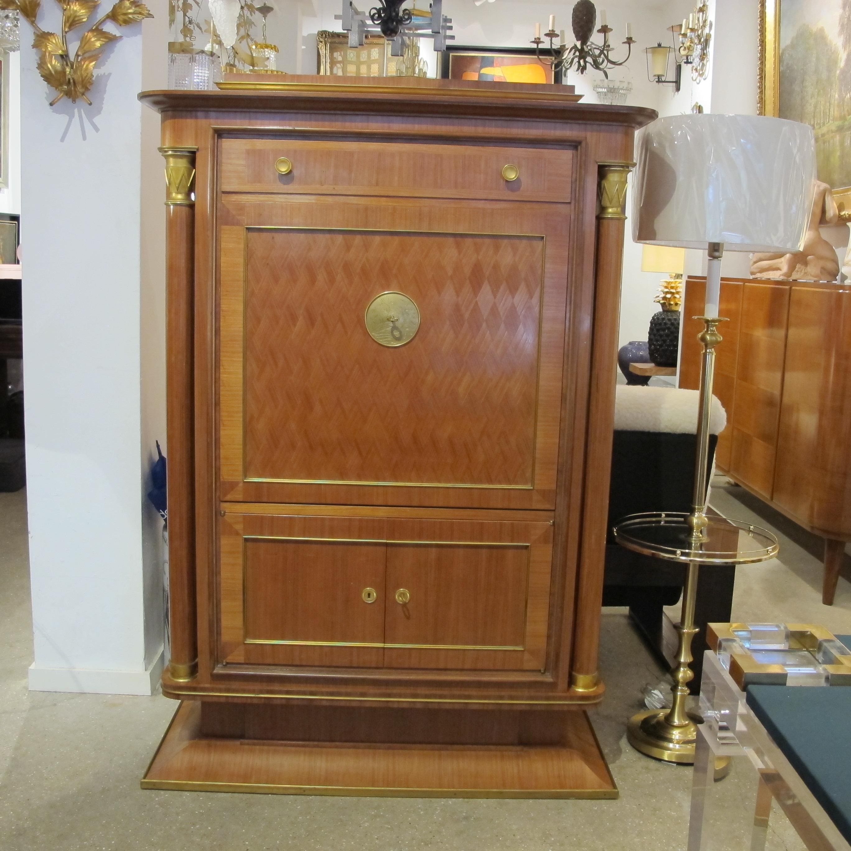 Art Deco Cabinet Secrétaire Attributed to Jules Leleu, Bronze Ornaments, French For Sale 9