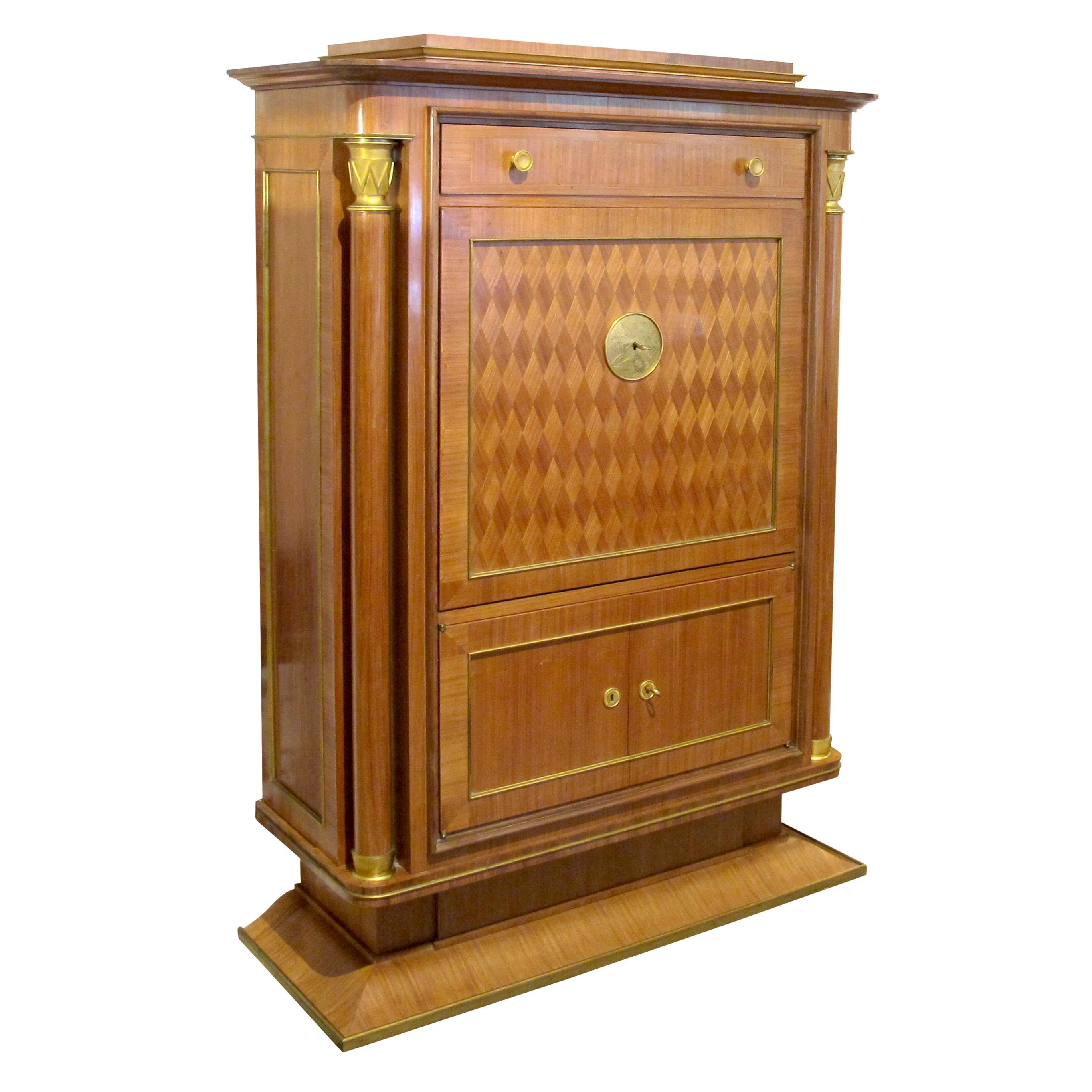 Art Déco Cabinet Secrétaire Art Deco attribuito a Jules Leleu, ornamenti in bronzo, francese in vendita