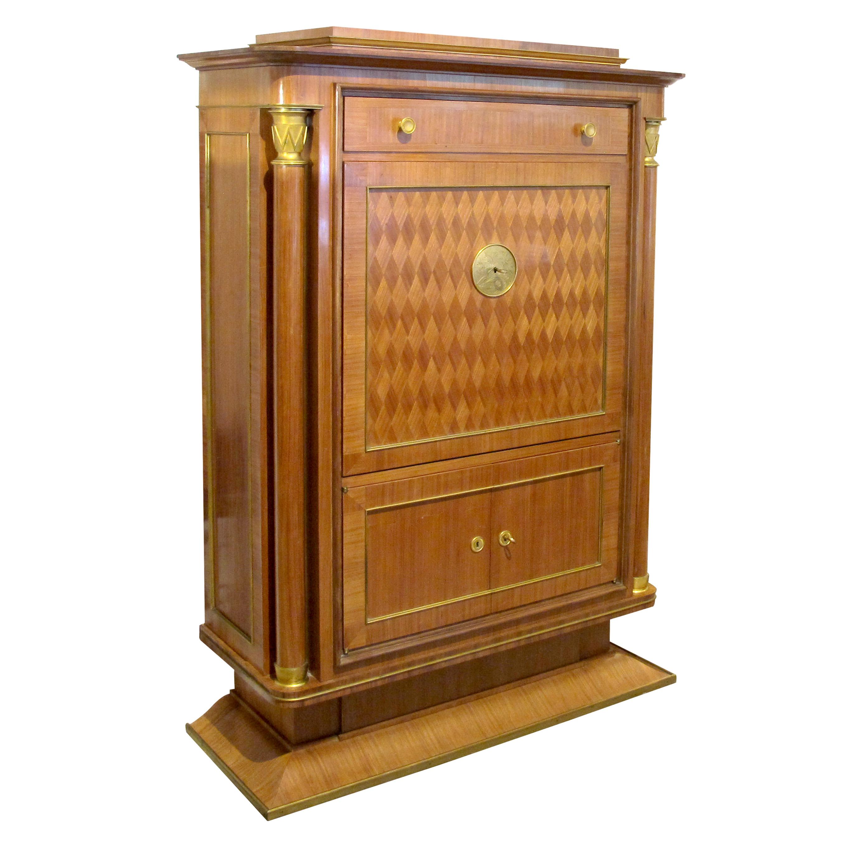 Marquetry Art Deco Cabinet Secrétaire Attributed to Jules Leleu, Bronze Ornaments, French For Sale