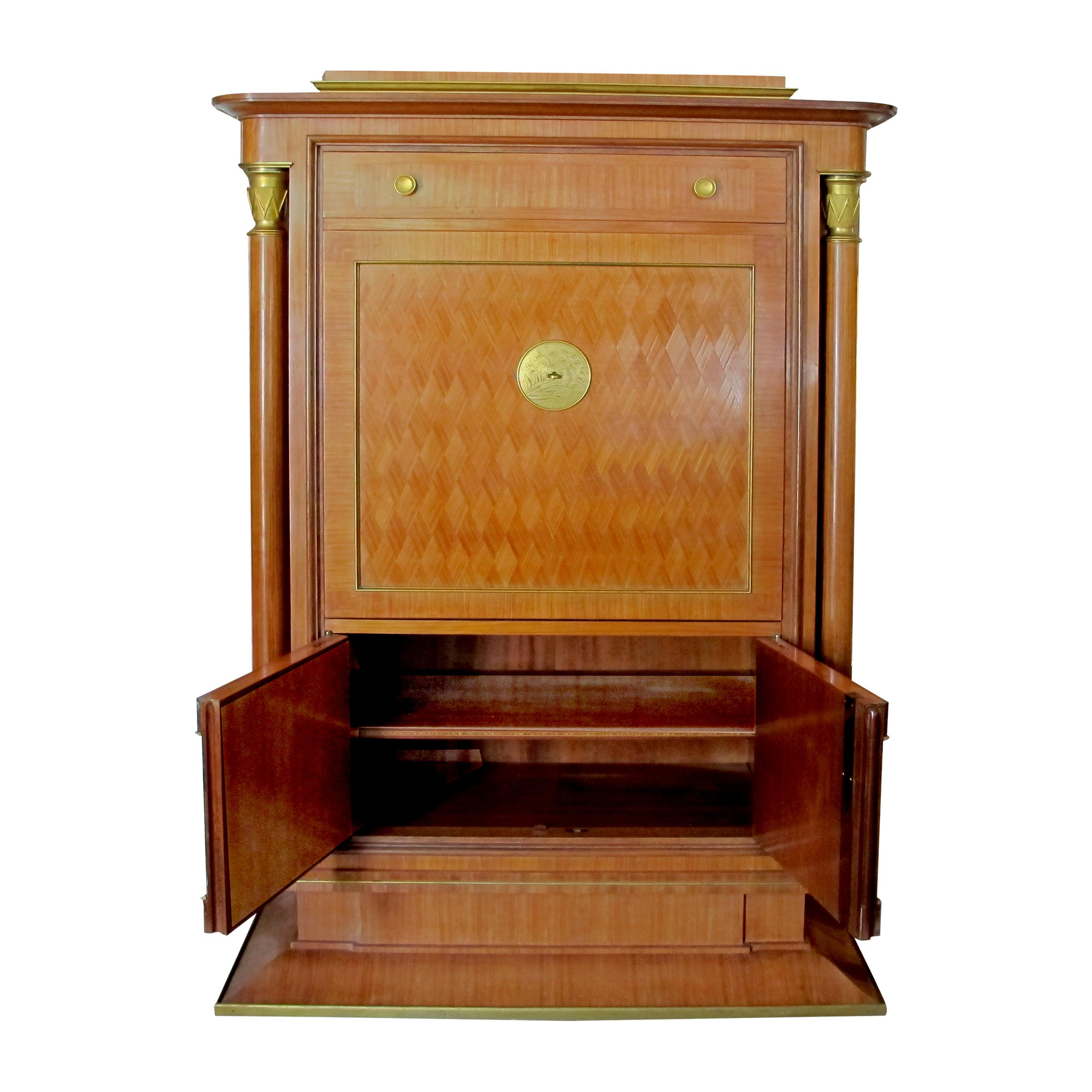 Art Deco Cabinet Secrétaire Attributed to Jules Leleu, Bronze Ornaments, French In Good Condition For Sale In London, GB
